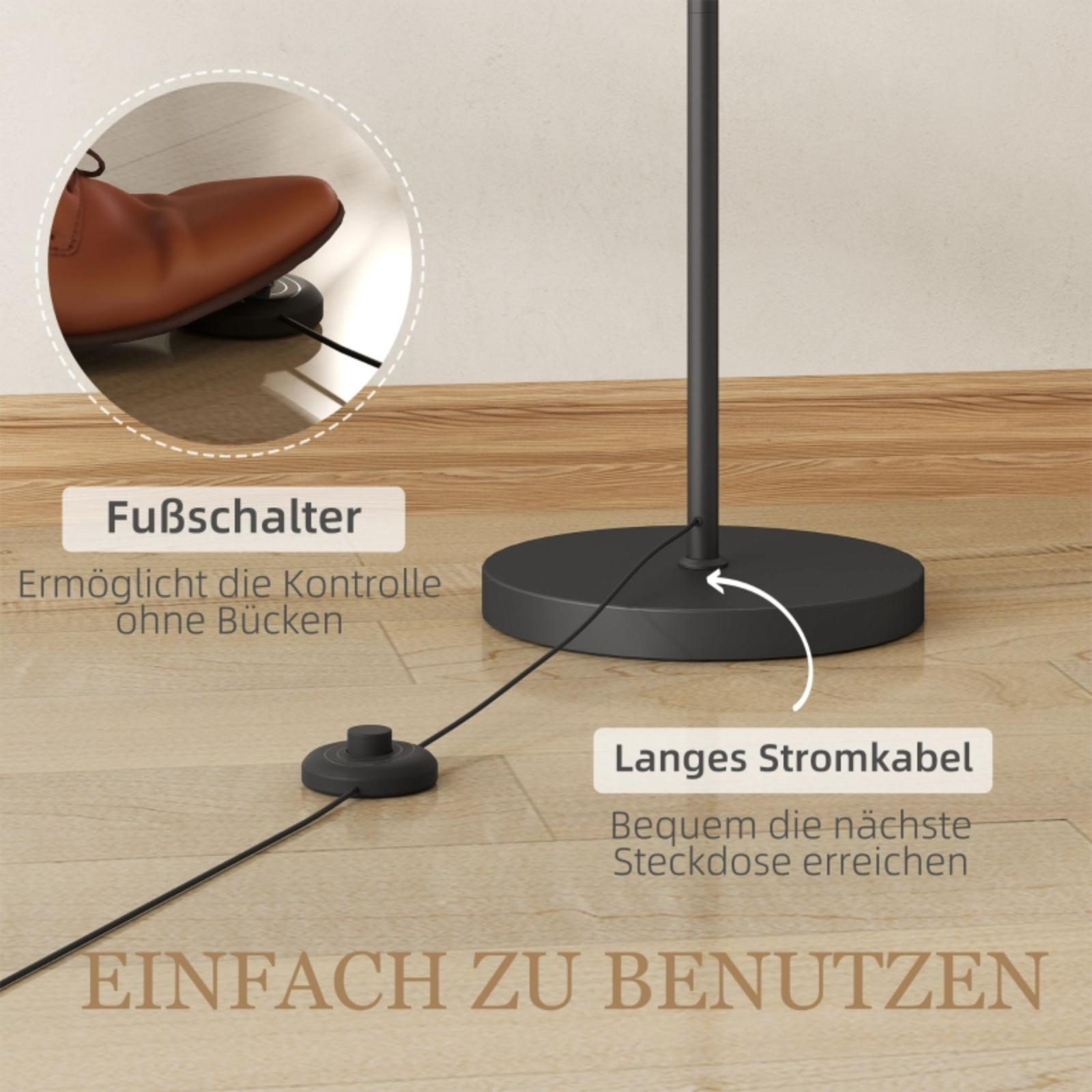 Fußschalter für eine Lampe, mit langem Netzkabel, auf Holzboden.