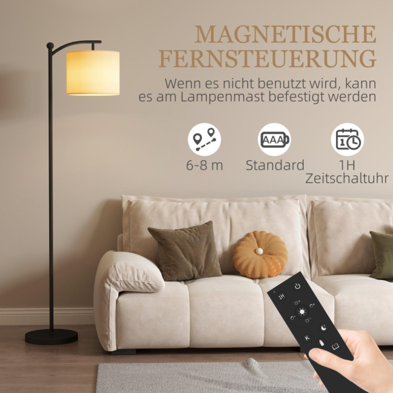 Eine schwarze Stehlampe mit weißem Lampenschirm und Fernbedienung, mit Sofa im Hintergrund.
