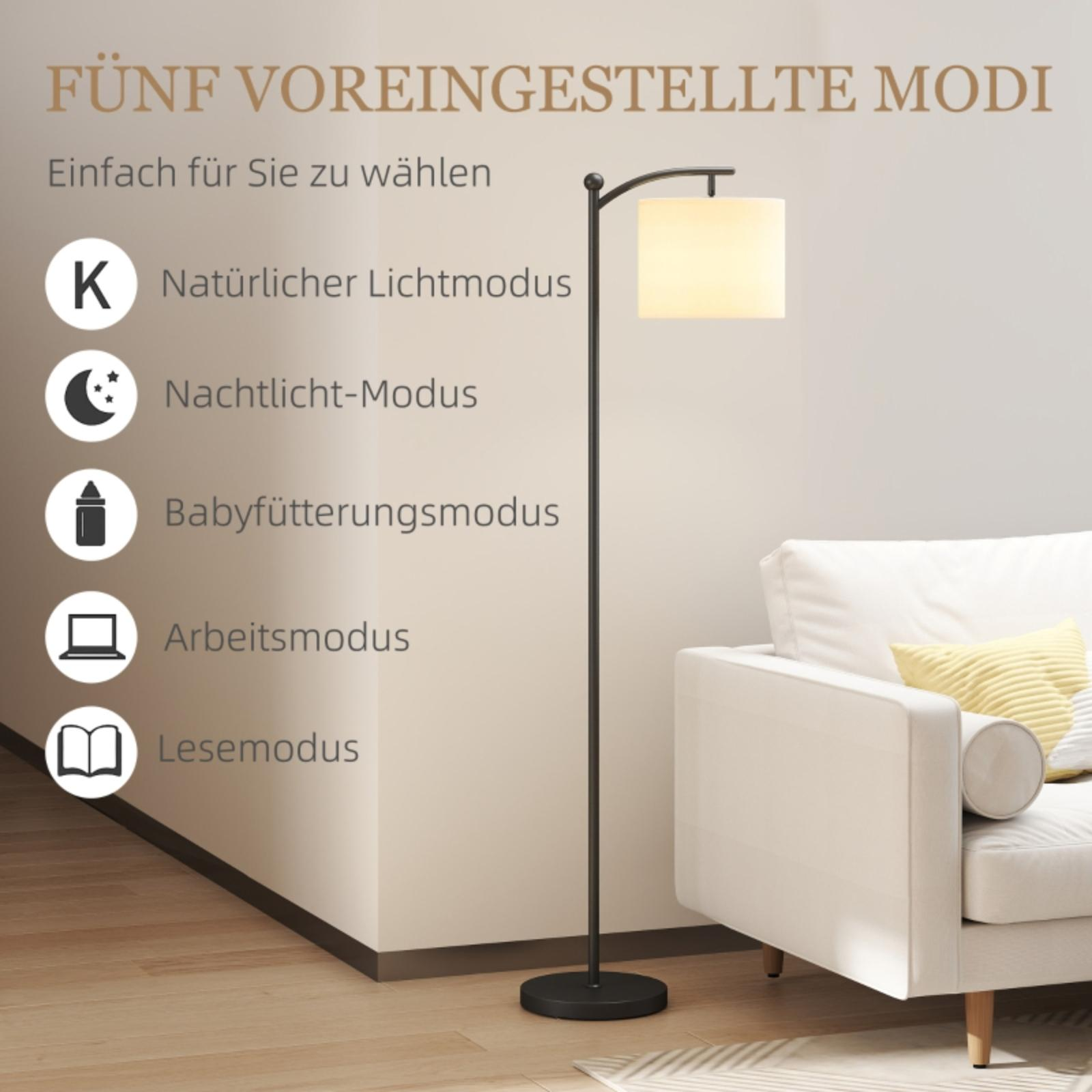 Stehlampe mit fünf Modi, in einem Wohnzimmer mit Sofa und Wand.