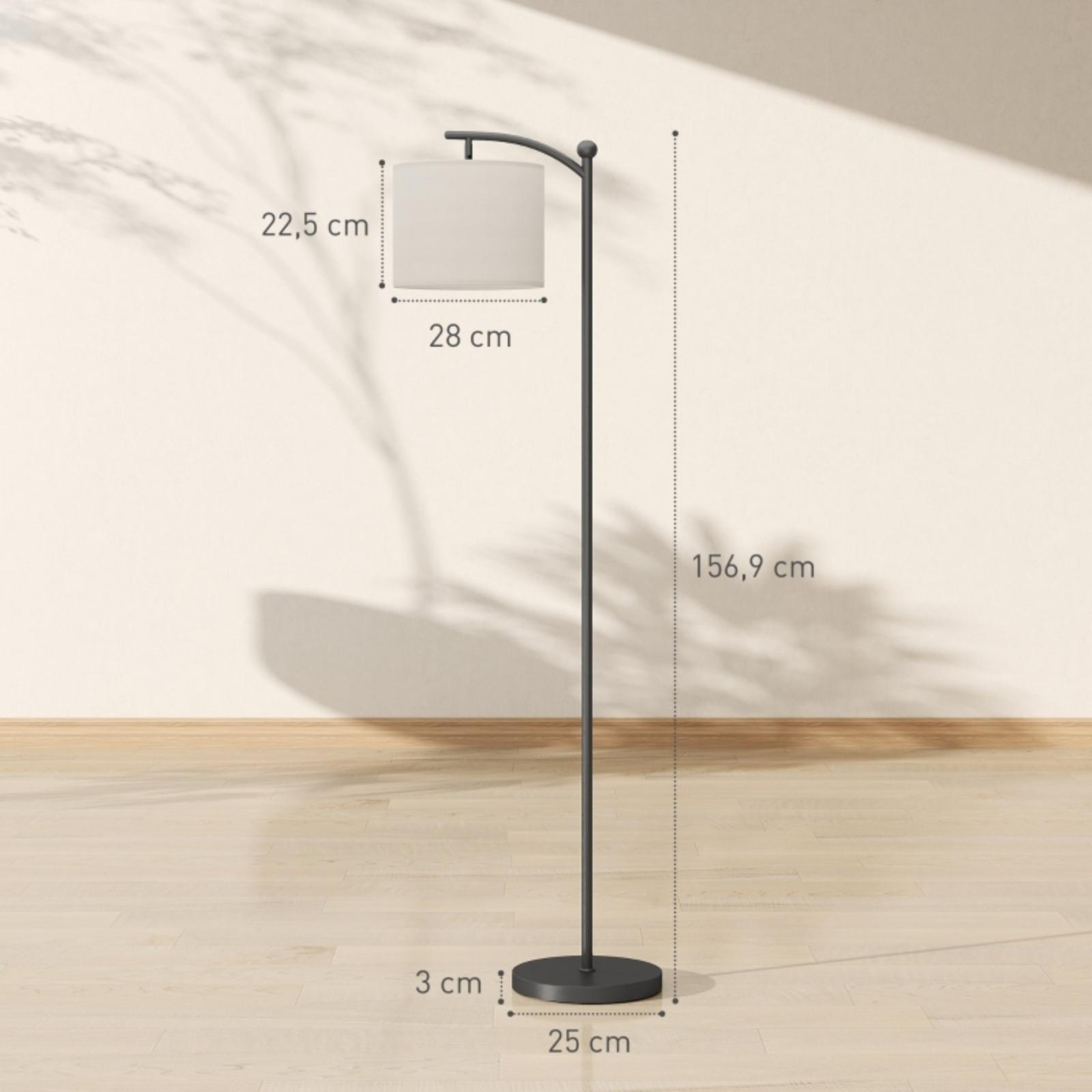 Eine schwarze Stehlampe mit weißem Lampenschirm, stehend auf einem Holzboden, Abmessungen werden gezeigt.