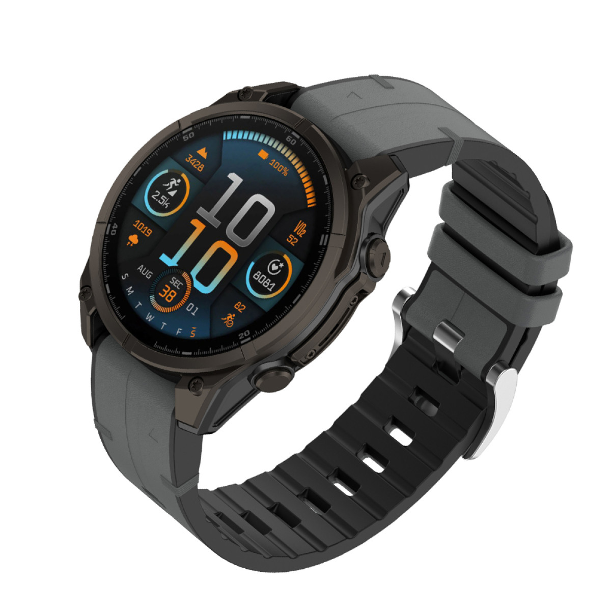 Eine schwarze und graue Smartwatch mit rundem Zifferblatt. Das Display zeigt Zeit und Fitnessdaten. Sie hat ein schwarzes Armband.