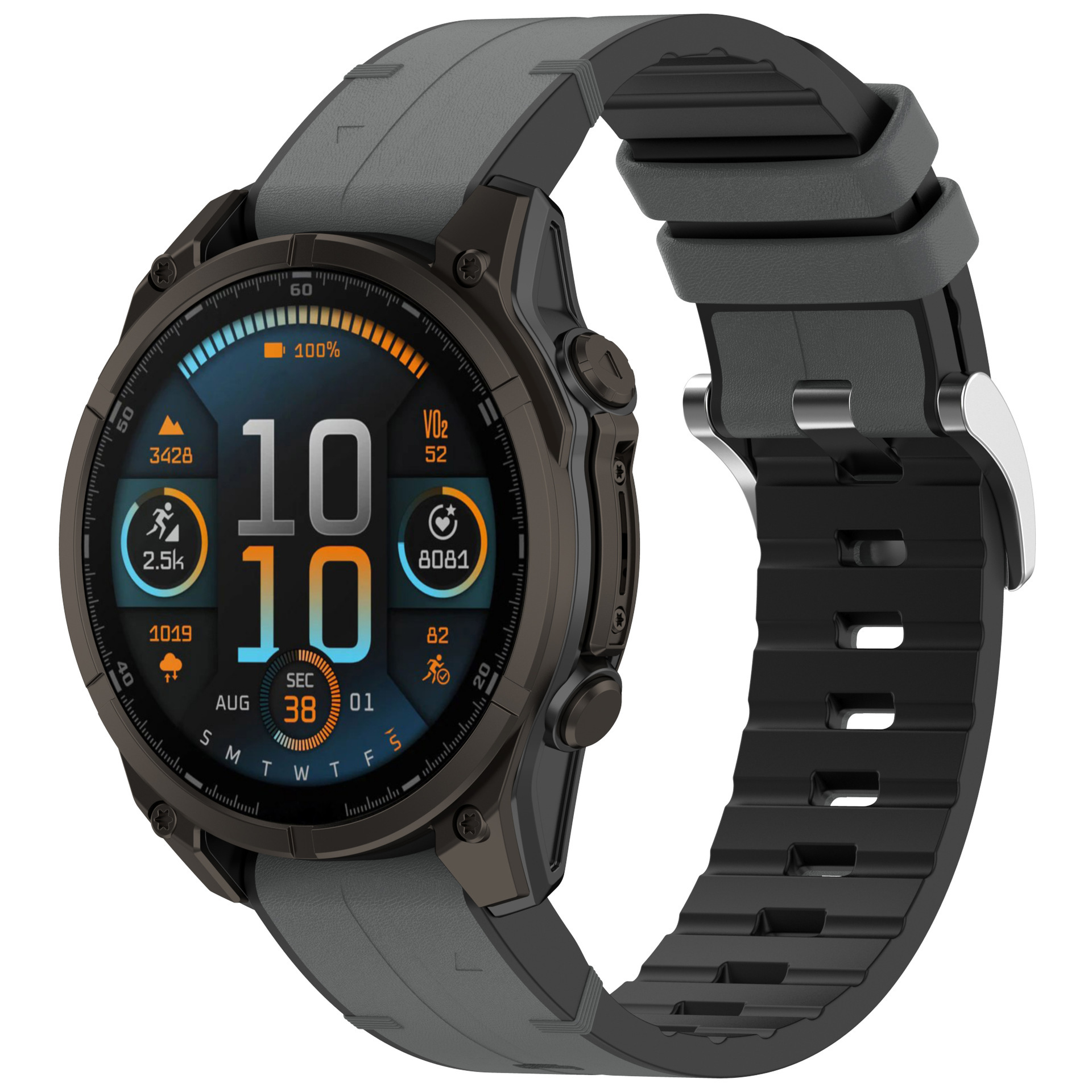Eine Smartwatch mit grauem Armband, die Fitnessdaten anzeigt, und einem schwarz-grauen Uhrengehäuse.