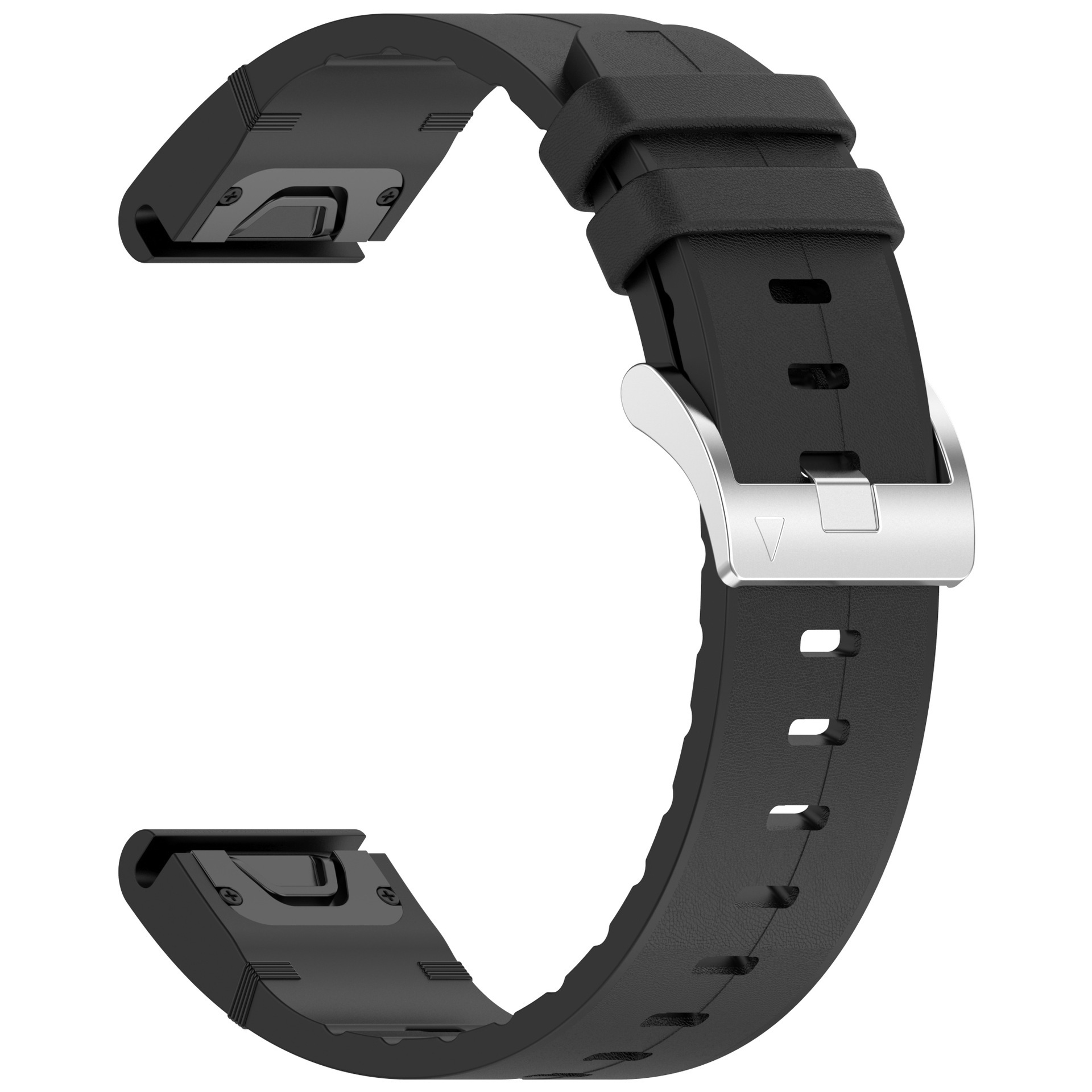 Ein schwarzes Uhrenarmband mit einer silbernen Schnalle. Das Armband ist bereit, an einer Uhr befestigt zu werden.