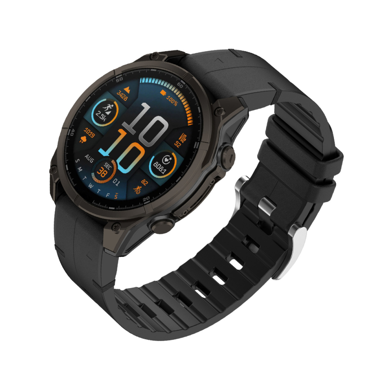 Eine schwarze Smartwatch mit rundem Zifferblatt. Das Display zeigt Zeit und Fitnessdaten. Das Armband ist schwarz und strukturiert.