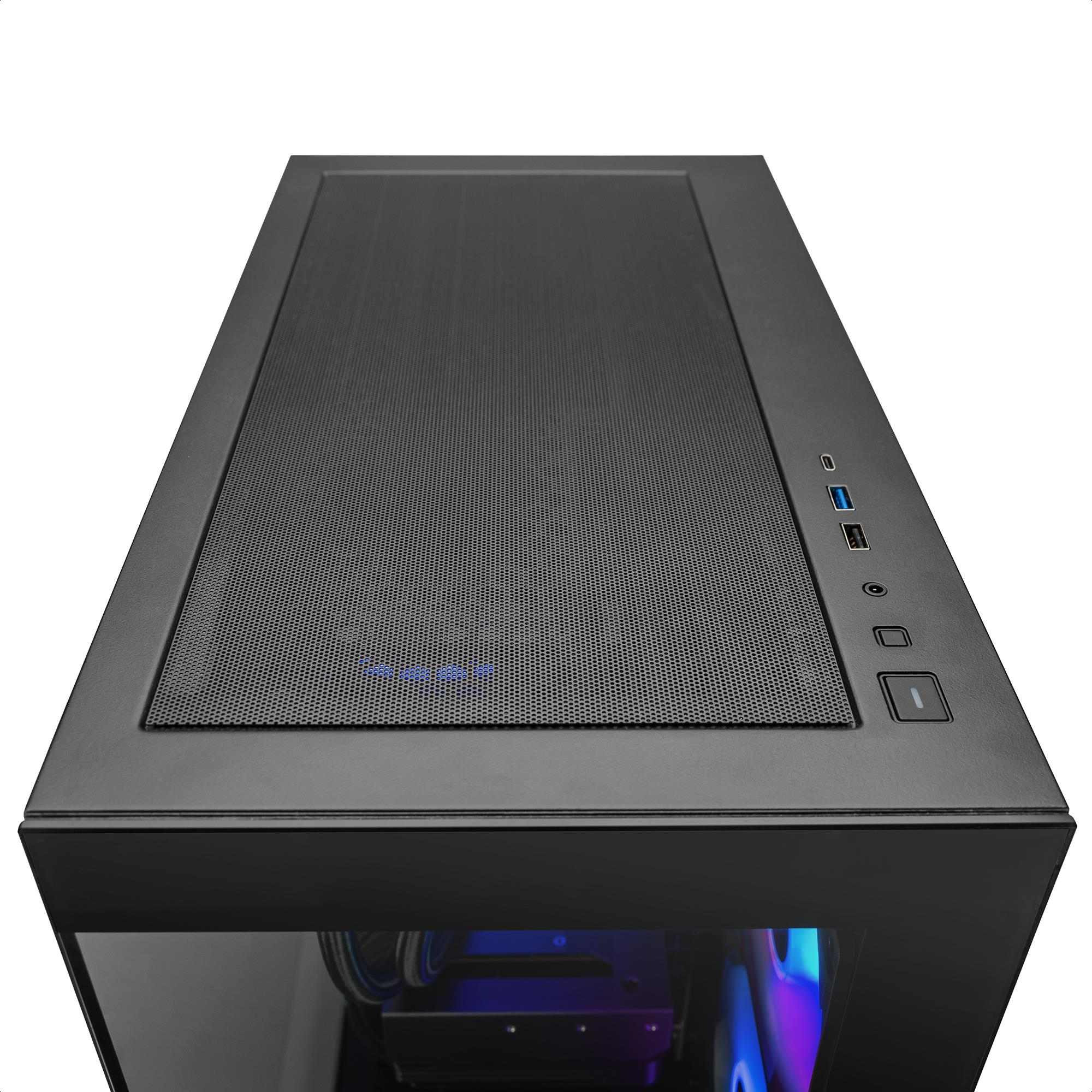 Draufsicht auf ein schwarzes Computergehäuse mit Mesh-Oberseite und Ein-/Aus-Taste.
