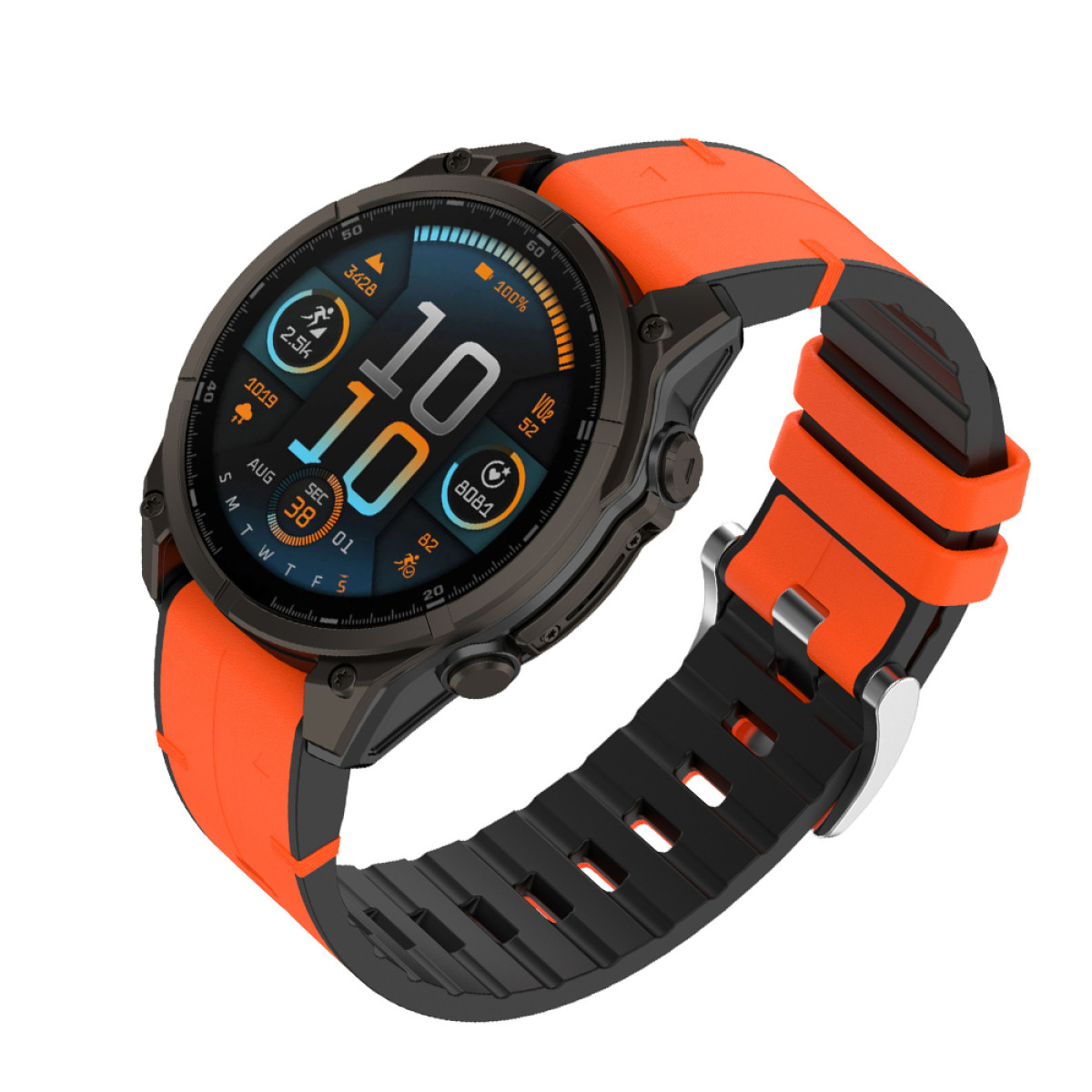 Eine Smartwatch mit orange-schwarzem Armband, die Fitnessdaten anzeigt, und einem schwarzen Uhrengehäuse.