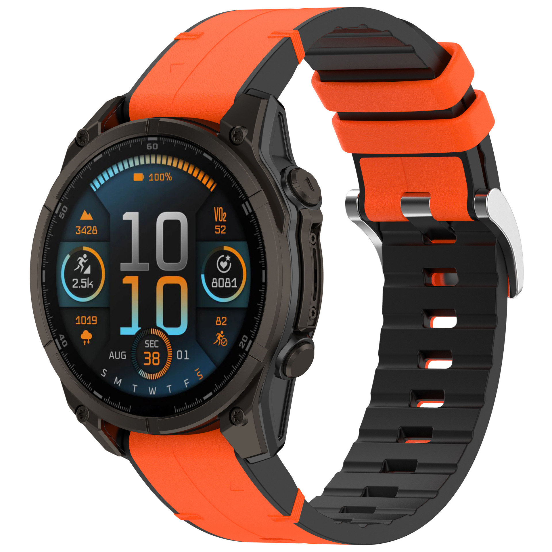 Eine Smartwatch mit orangefarbenem Armband. Das Zifferblatt zeigt Fitnessdaten und Uhrzeit an.