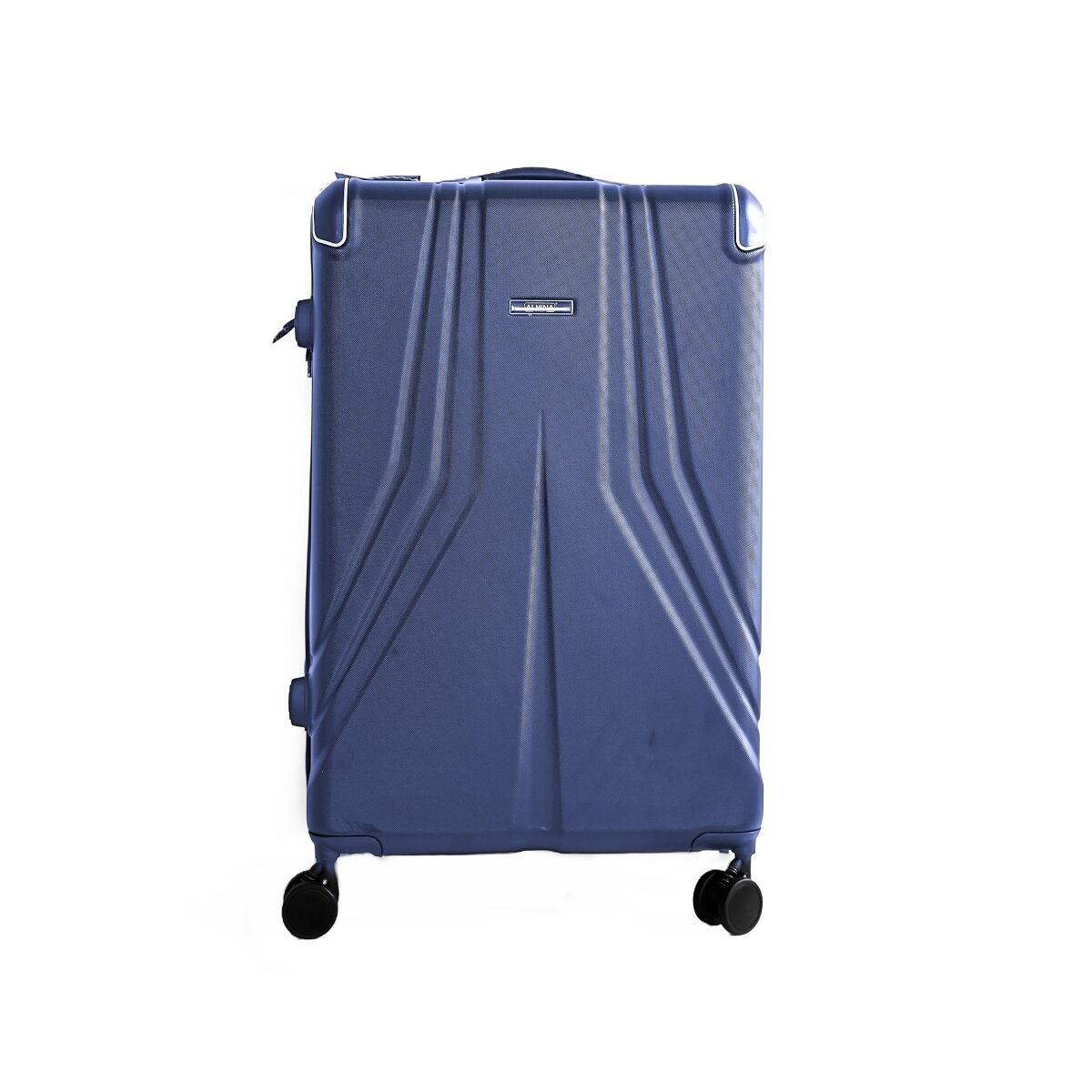 Ein marineblauer Koffer mit strukturierter Oberfläche und vier Rädern vor weißem Hintergrund.