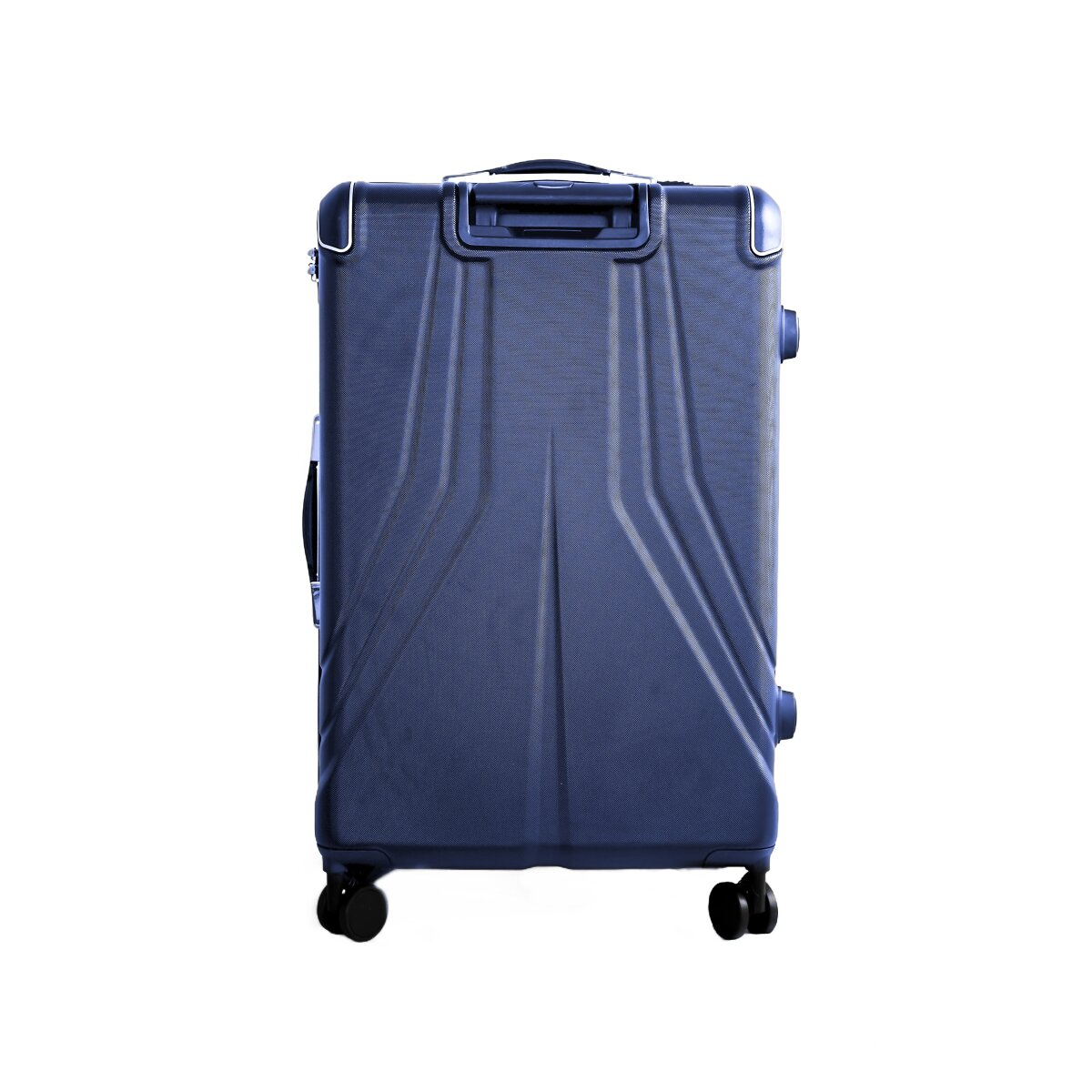 Ein marineblauer Koffer mit strukturierter Oberfläche und vier Rädern vor weißem Hintergrund.