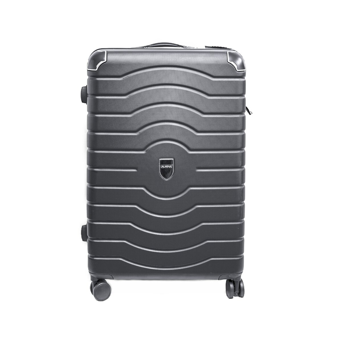 Ein dunkelgrauer Koffer mit geriffeltem Design, vier Rädern und einem Griff.