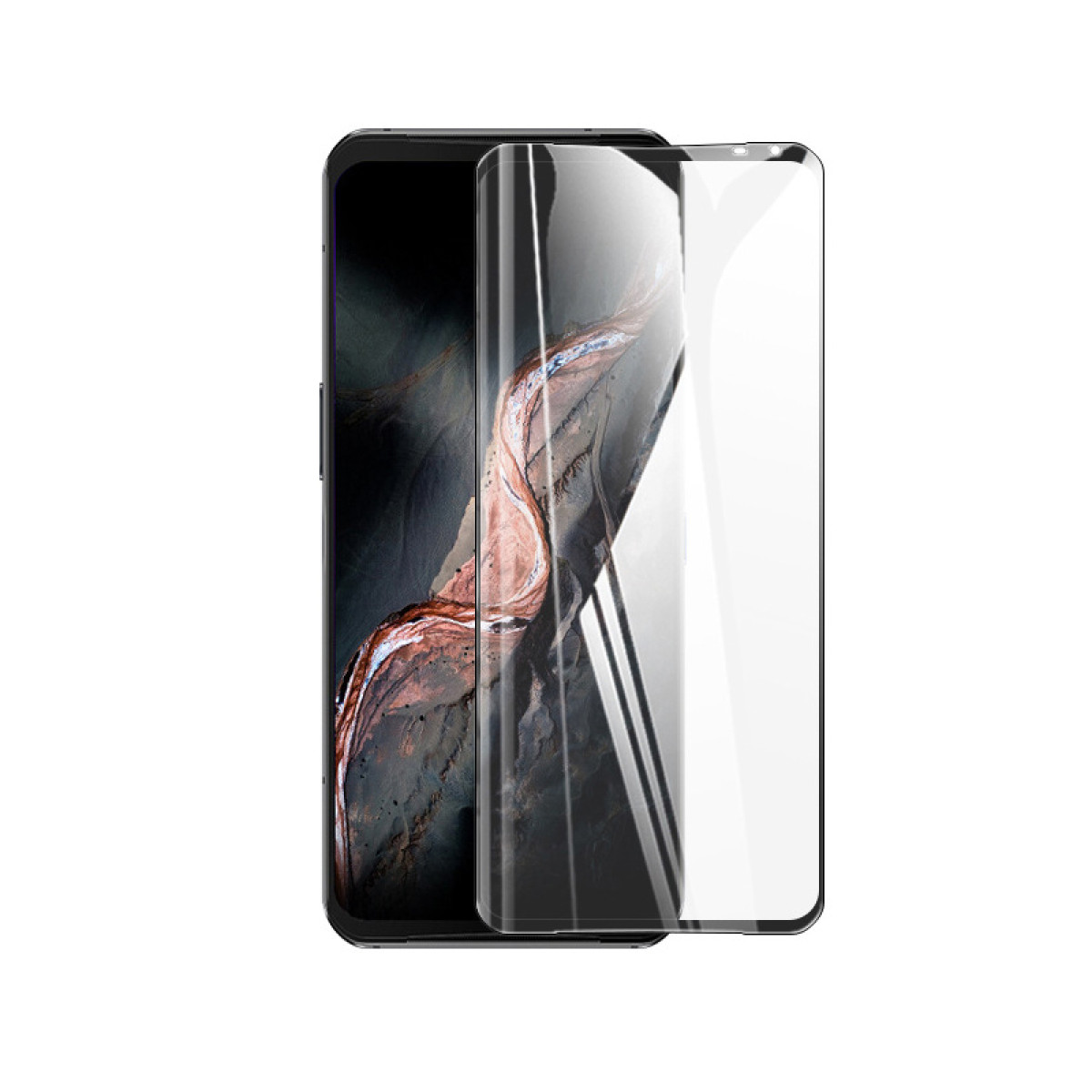 Telefon mit Displayschutz, angewinkelte Ansicht, auf weißem Hintergrund.