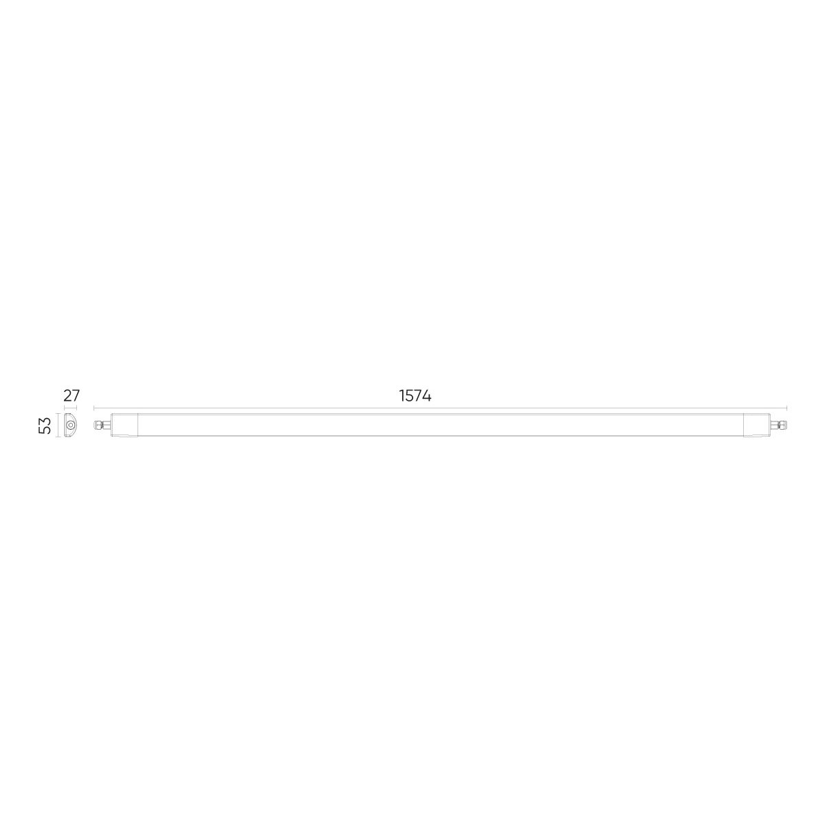 Een lange LED-lichtbalk met afmetingen, op een witte achtergrond.