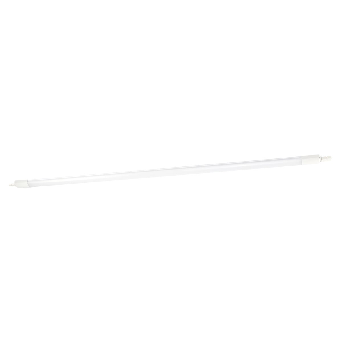 Een lange, witte fluorescentiebuis ligt diagonaal tegen een witte achtergrond.