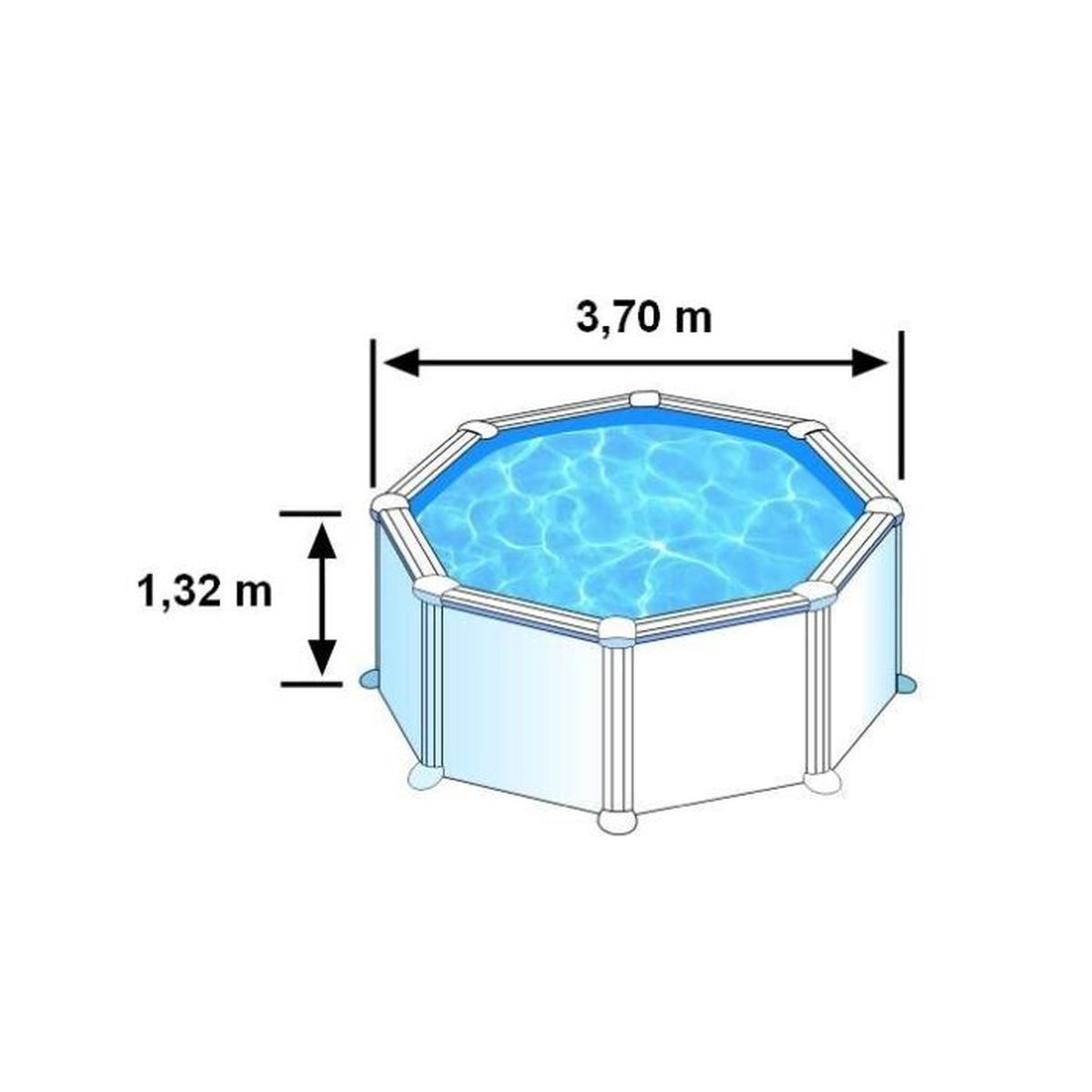Una piscina elevada con agua azul, laterales blancos y dimensiones de 3,70m x 1,32m, sobre un fondo blanco.