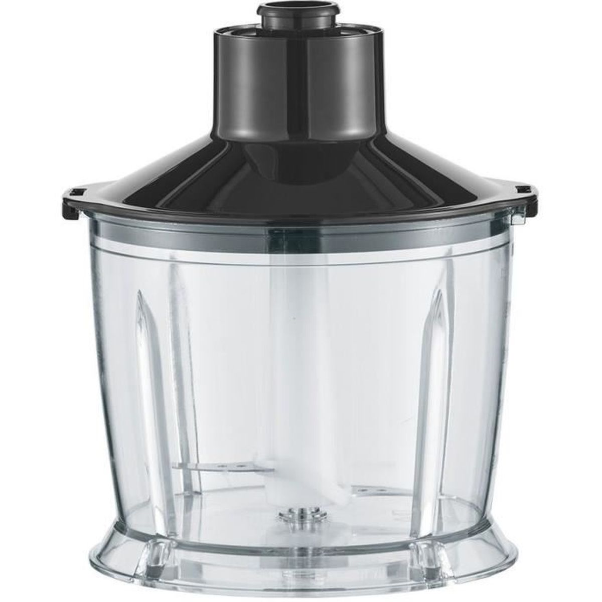 Un boccale per frullatore in plastica trasparente con coperchio nero.