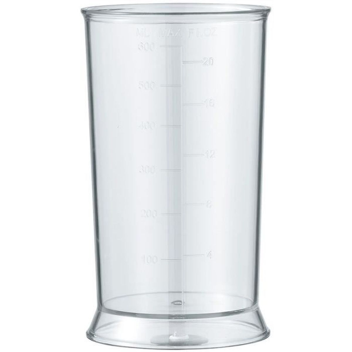 Un misurino in plastica trasparente con segni metrici e once liquide, su sfondo bianco.