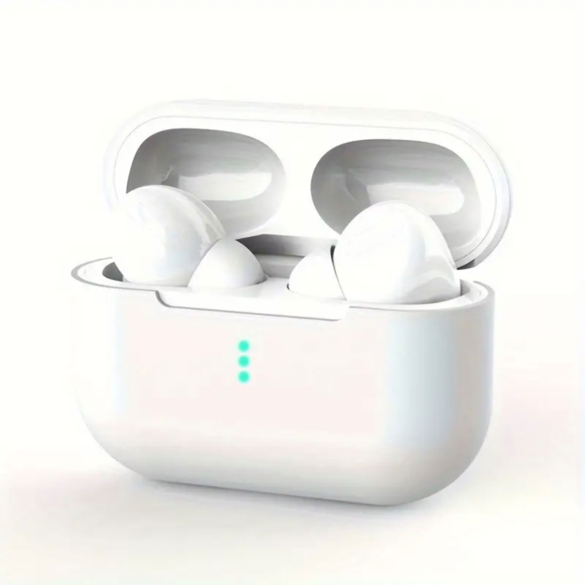 Auriculares inalámbricos blancos en un estuche de carga abierto con luces indicadoras verdes.