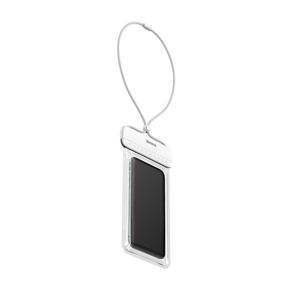 Una custodia per telefono bianca e impermeabile con un cordino su uno sfondo bianco.
