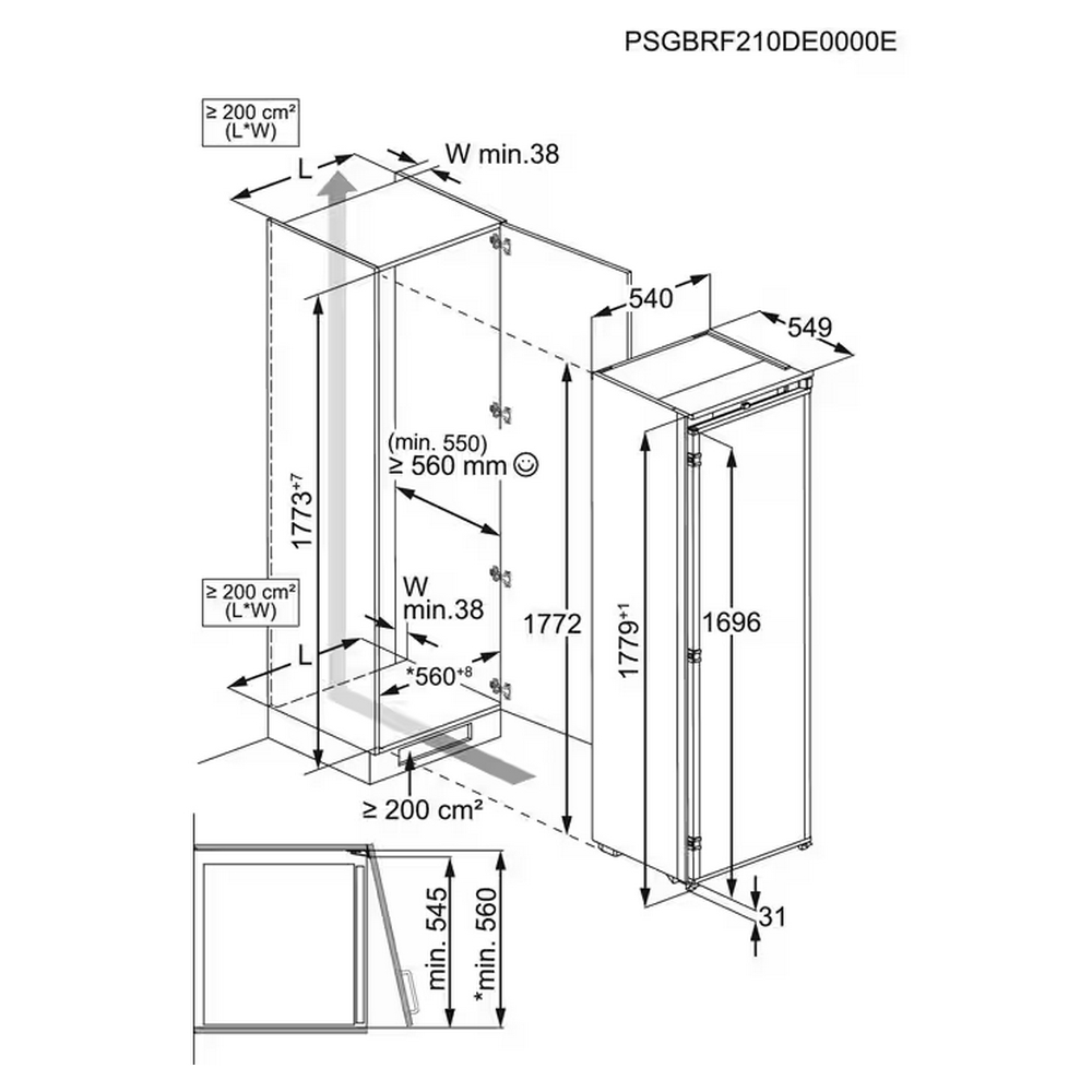 Disegno tecnico di un frigorifero con dimensioni ed etichette per l'installazione.