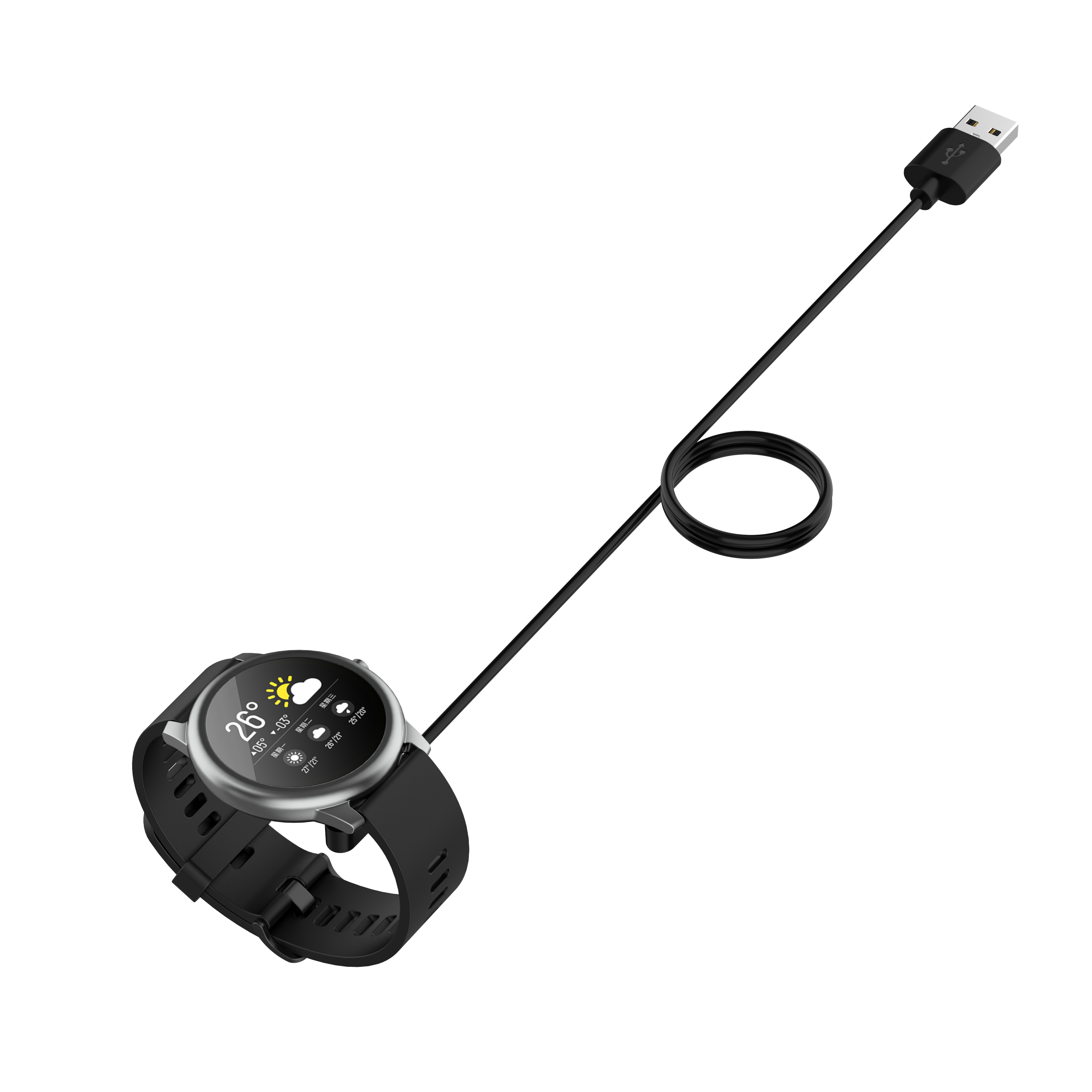 Schwarze Smartwatch an schwarzem Armband, mit USB-Ladekabel. Das Display zeigt Wetterdaten.
