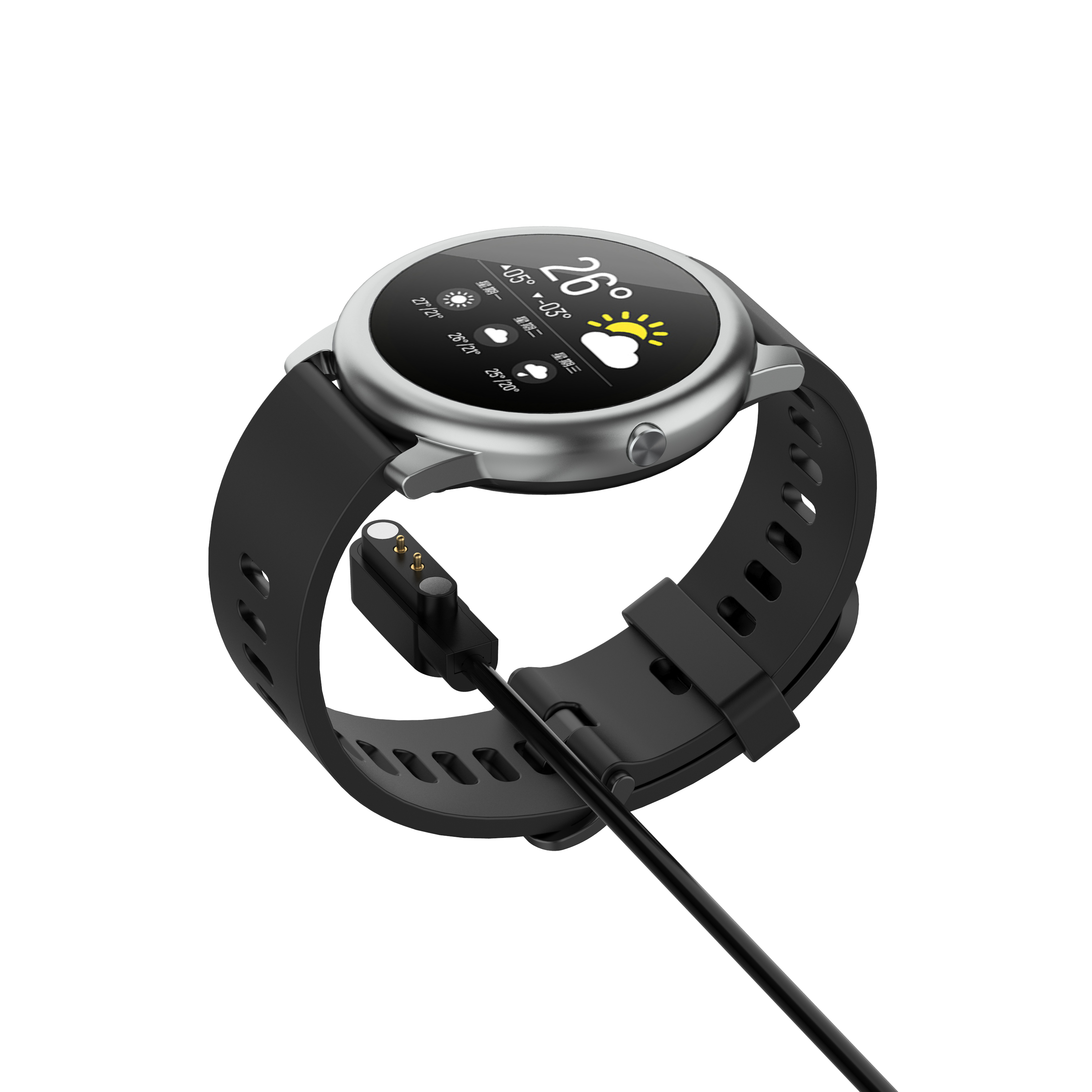 Schwarze Smartwatch an schwarzem Armband, wird über ein magnetisches Ladekabel geladen.
