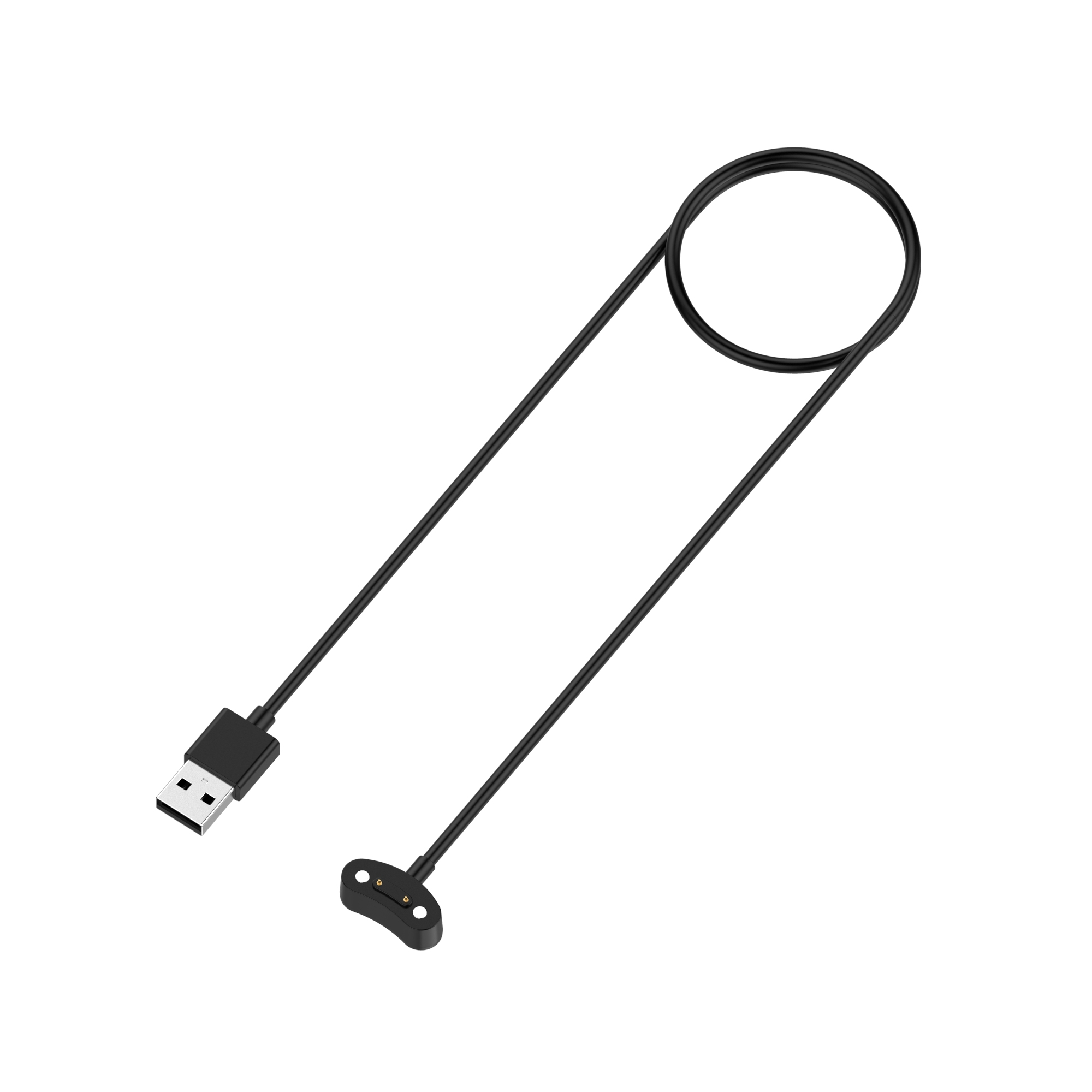 Schwarzes USB-Ladekabel. Ein Ende ist USB, das andere ein kleiner runder Ladekopf, beides vor weißem Hintergrund.