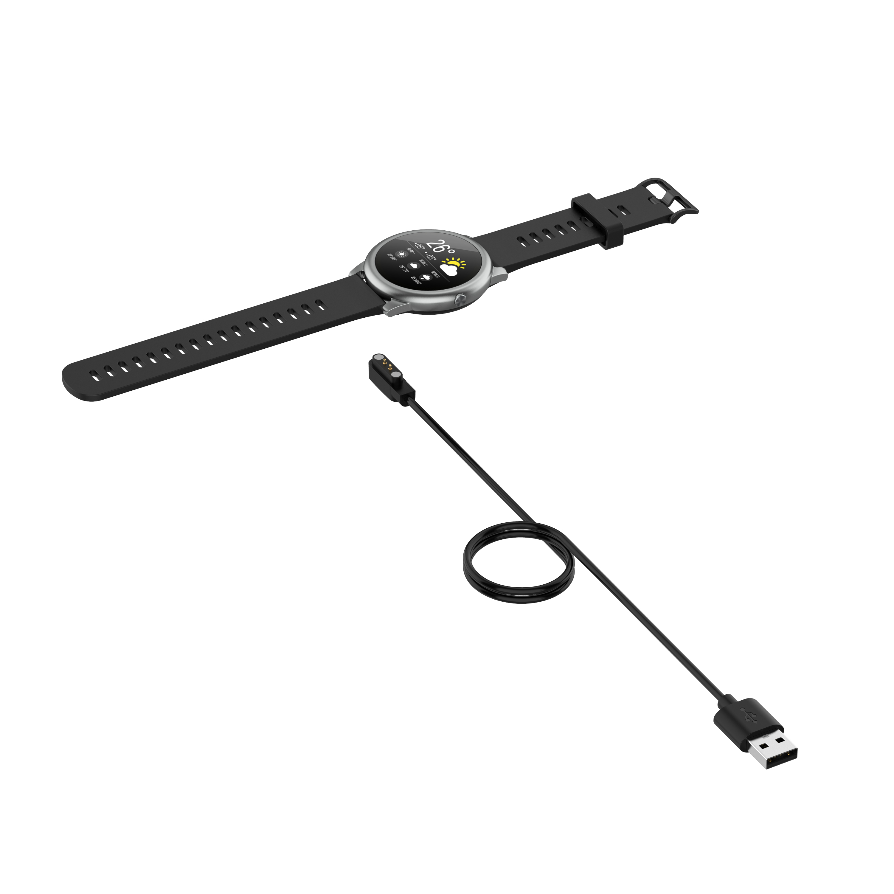 Smartwatch und Ladekabel auf Weiß. Uhr zeigt Zeit. Kabel hat USB-Anschluss.
