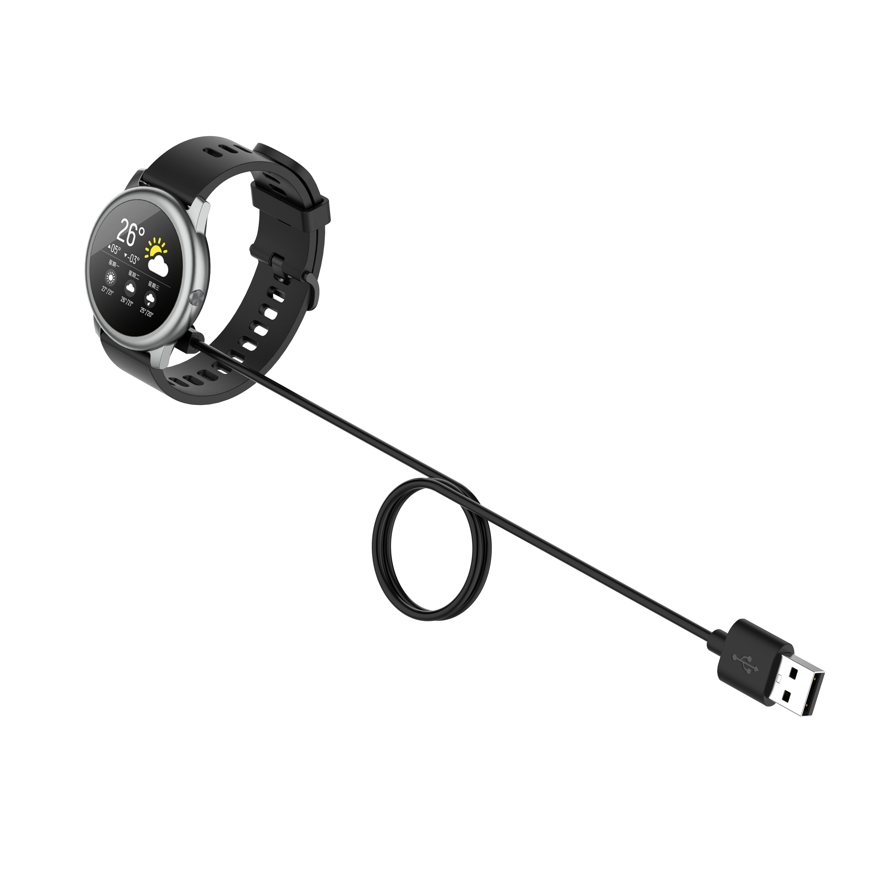 Eine Smartwatch mit schwarzem Armband und einem Ladekabel mit USB-Anschluss.