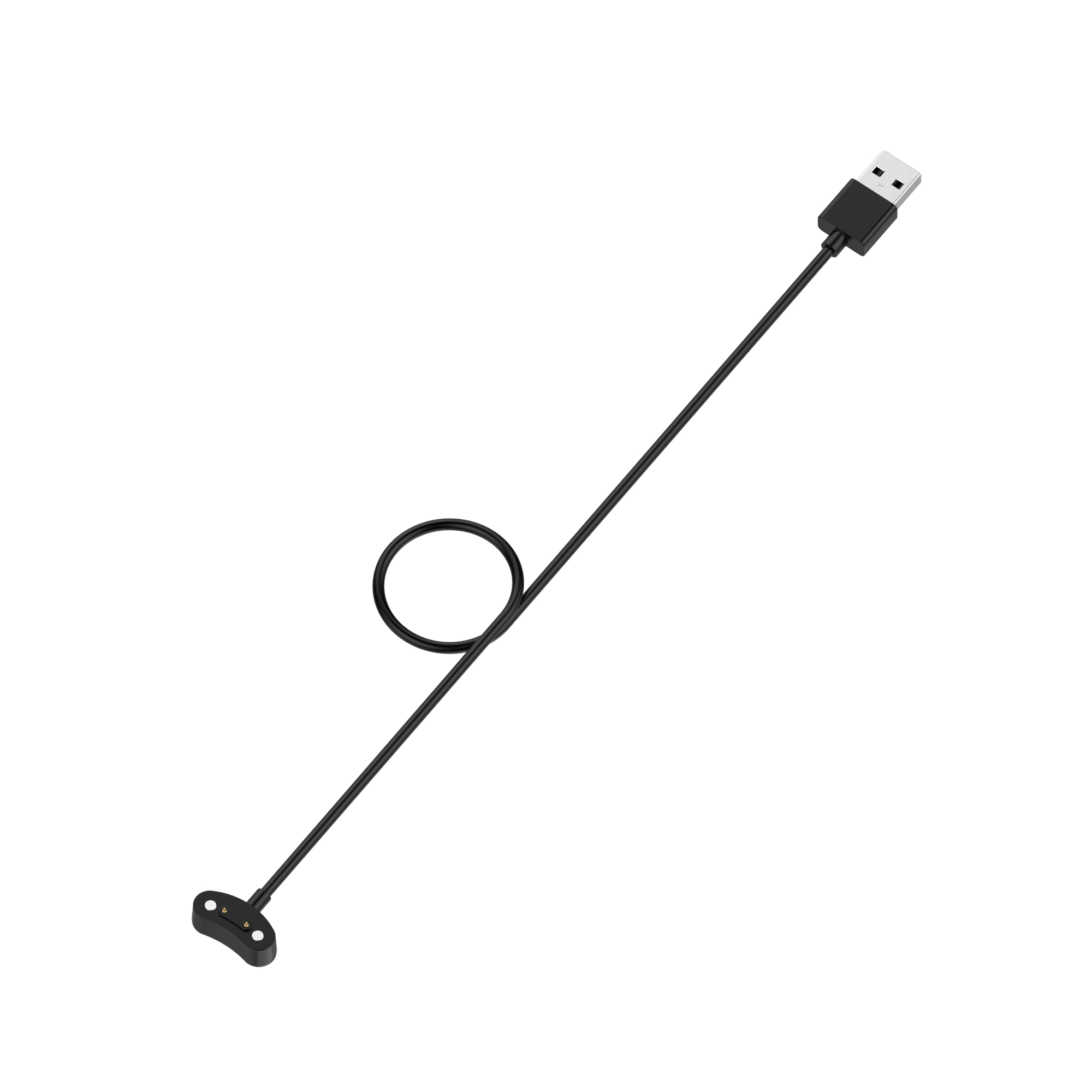 Schwarzes USB-Ladekabel. Ein Ende ist USB, das andere hat einen kleinen, kreisförmigen Magnetkopf.
