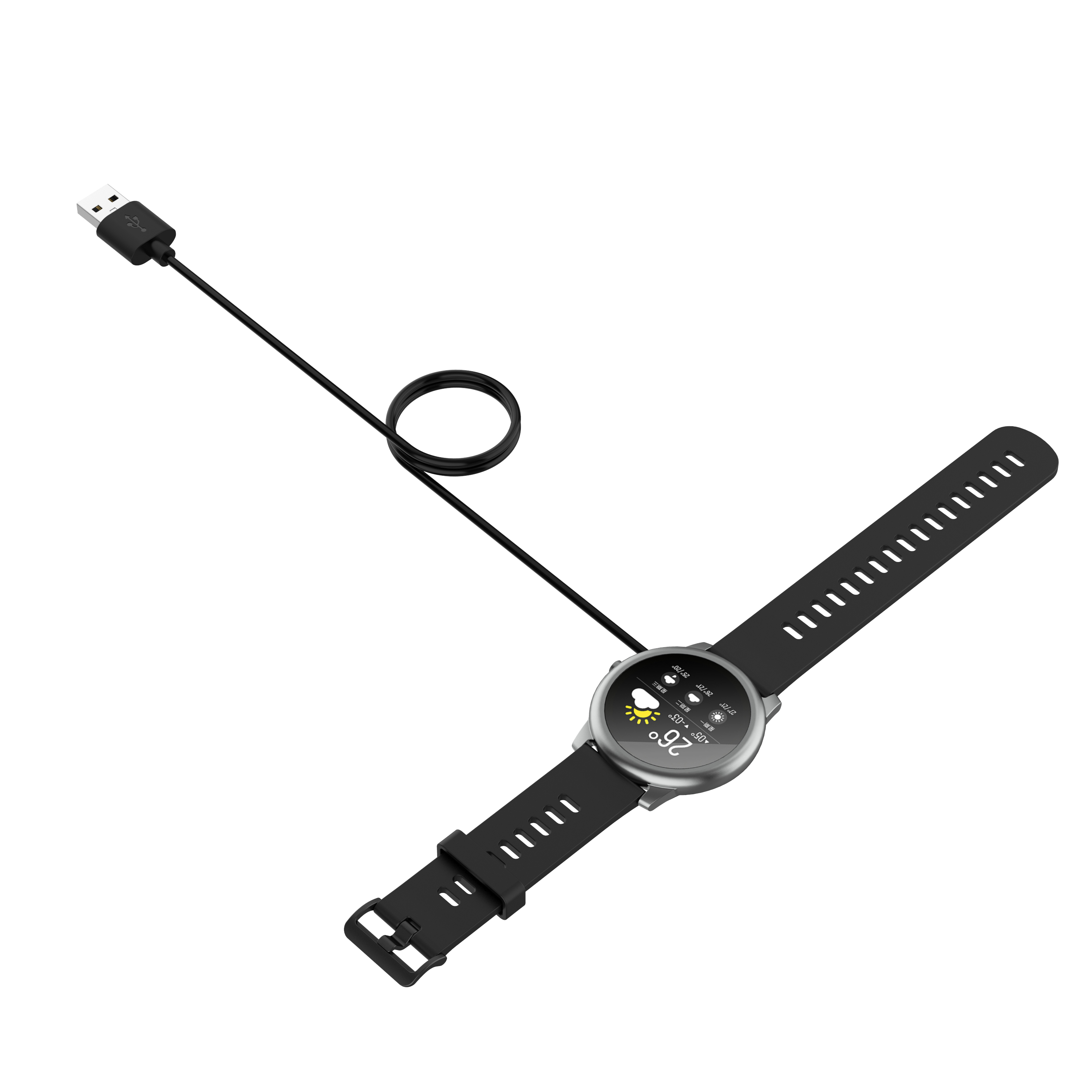 Schwarze Smartwatch mit Anzeige von Wetterdaten, verbunden mit einem USB-Ladekabel.