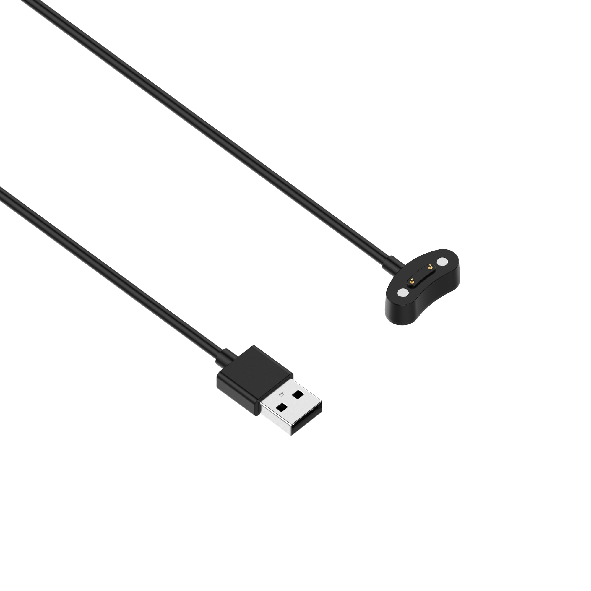 Schwarzes Smartwatch-Ladekabel mit USB-Anschluss auf weißem Hintergrund.