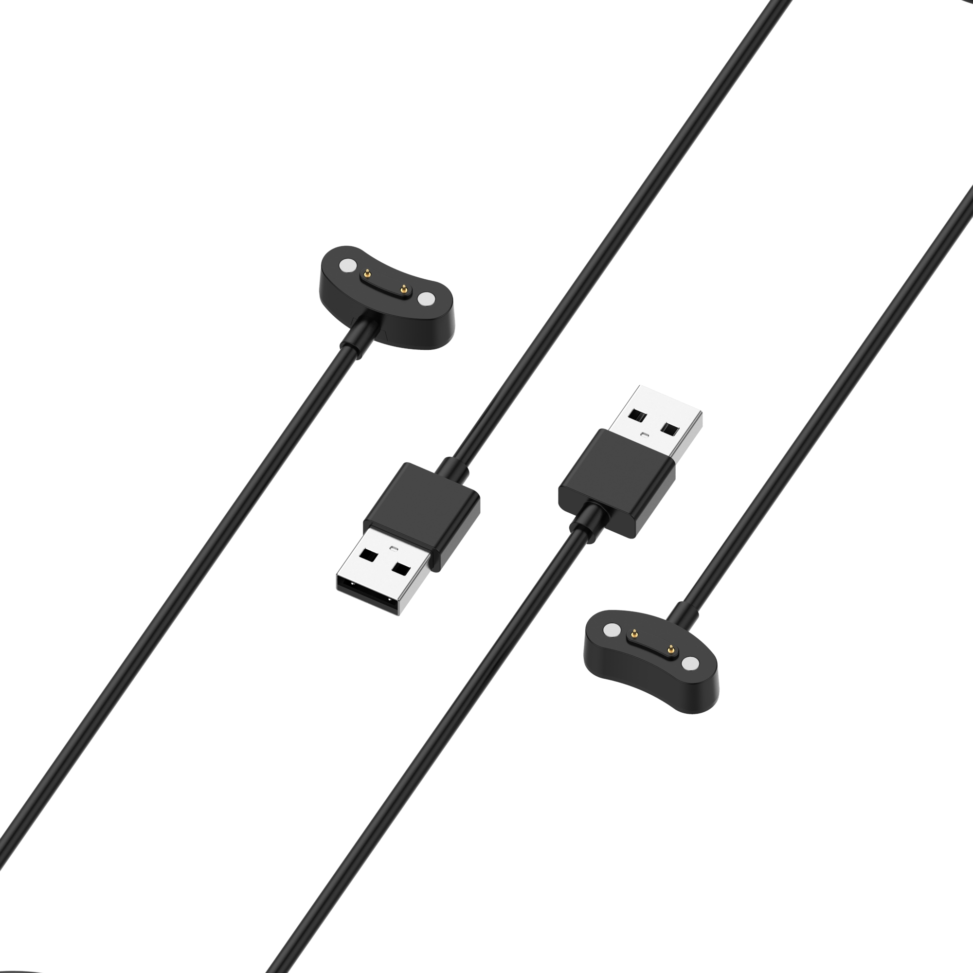 Drei schwarze Smartwatch-Ladekabel mit USB-Anschlüssen vor weißem Hintergrund.