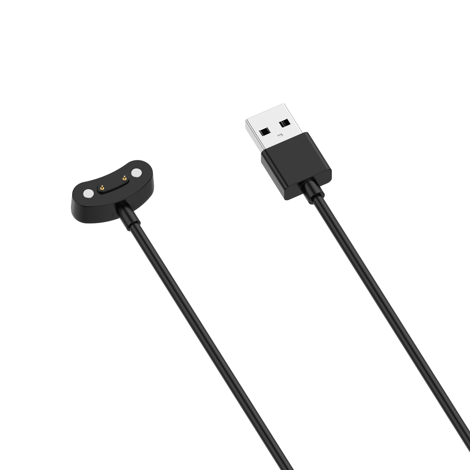 Schwarzes USB-Ladekabel. Ein Ende ist USB, das andere ein magnetischer Ladekopf.
