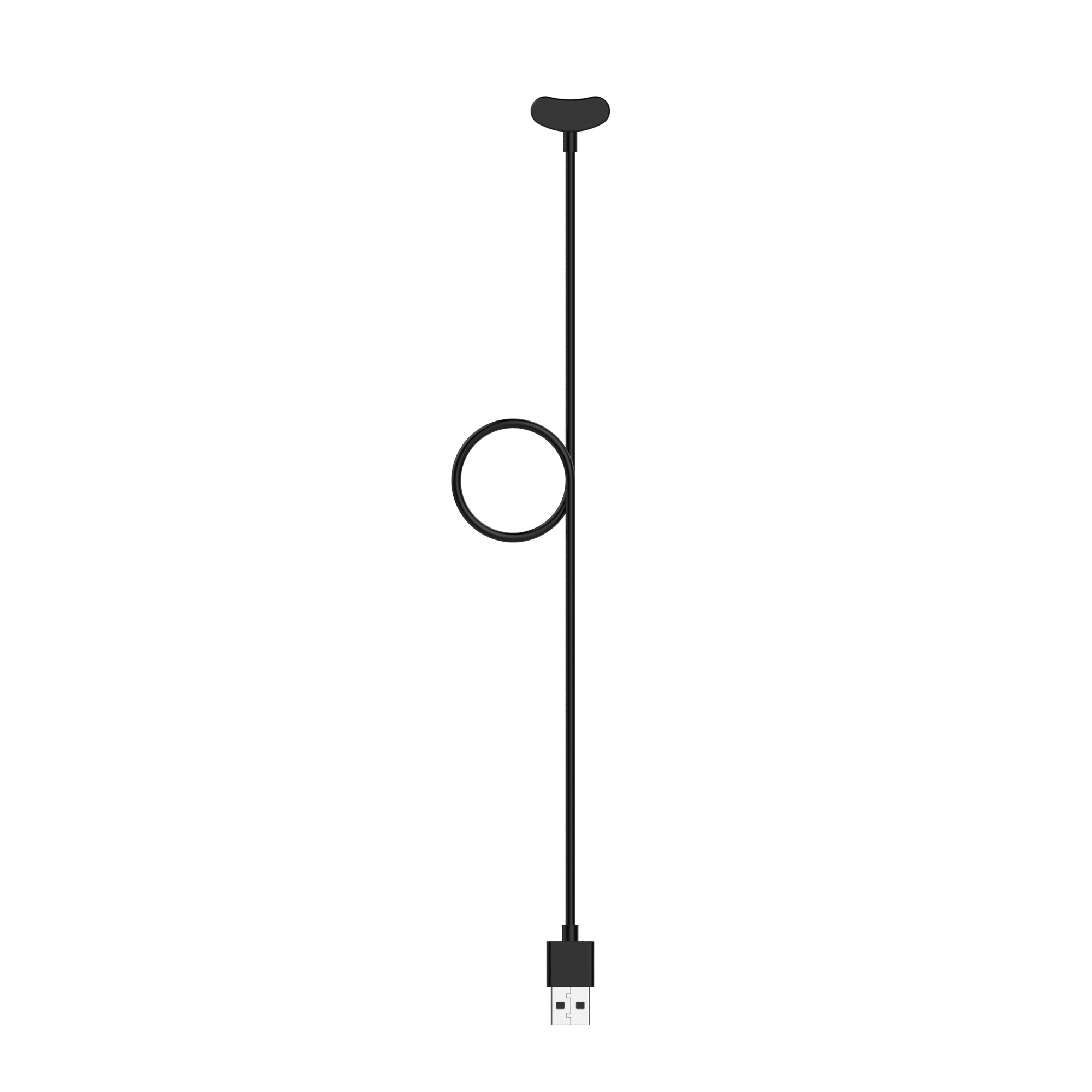 Schwarzes USB-Ladekabel. Ein Ende ist USB, das andere hat einen kleinen, abgerundeten Magnetkopf.