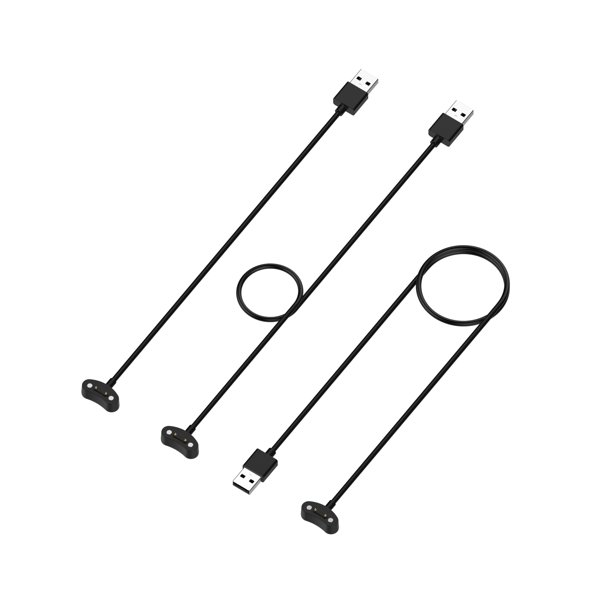 Drei schwarze Smartwatch-Ladekabel mit USB-Anschlüssen auf weißem Hintergrund.
