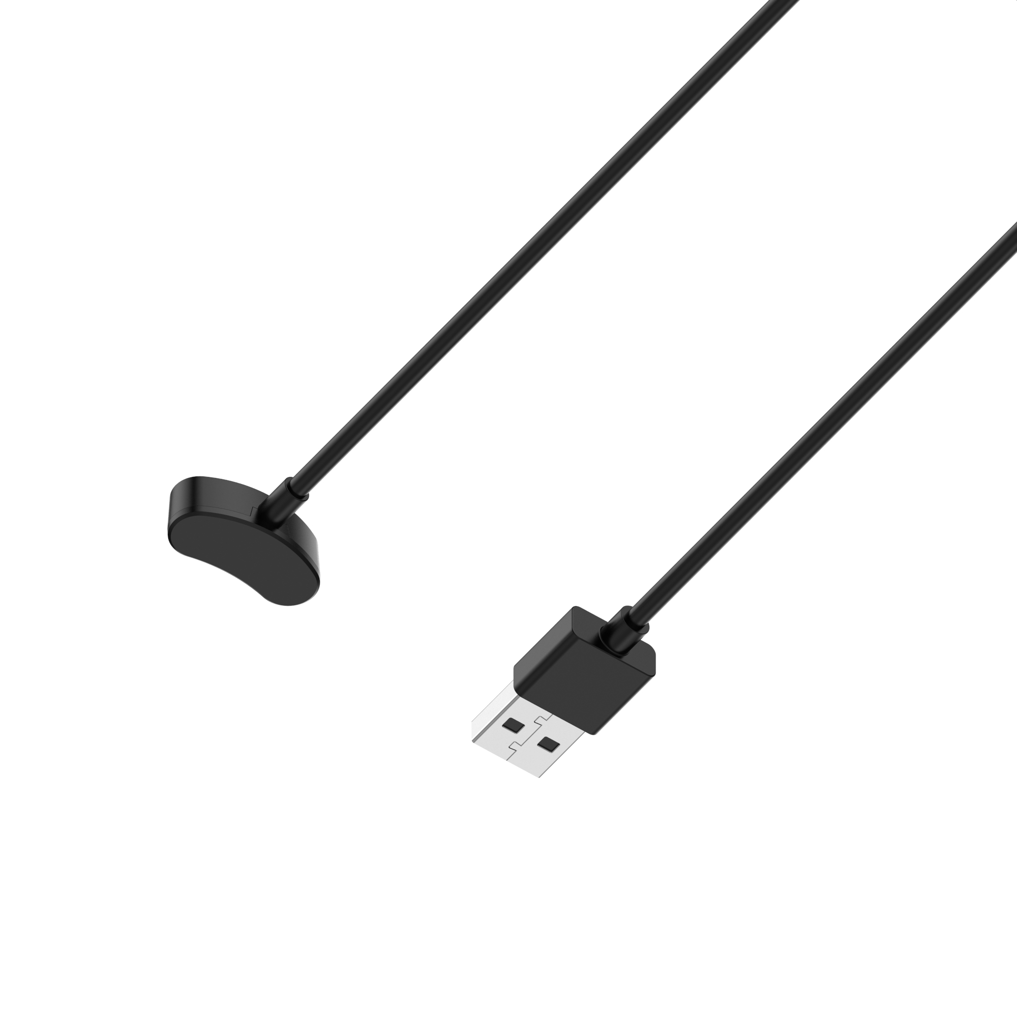 Ein schwarzes Smartwatch-Ladekabel mit USB-Anschluss auf weißem Hintergrund.