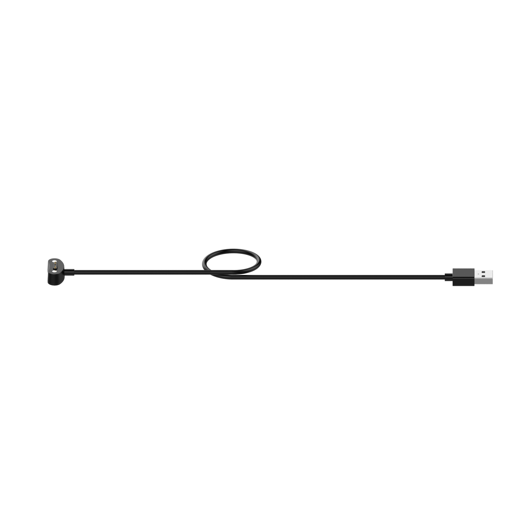 Schwarzes Ladekabel mit einem Stecker an einem Ende und USB am anderen, auf Weiß.