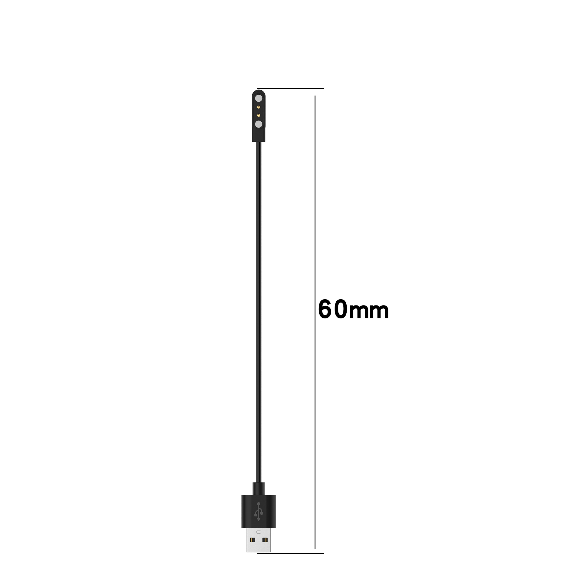 Schwarzes USB-Ladekabel. Das Kabel ist 60 mm lang, angezeigt durch ein Etikett.