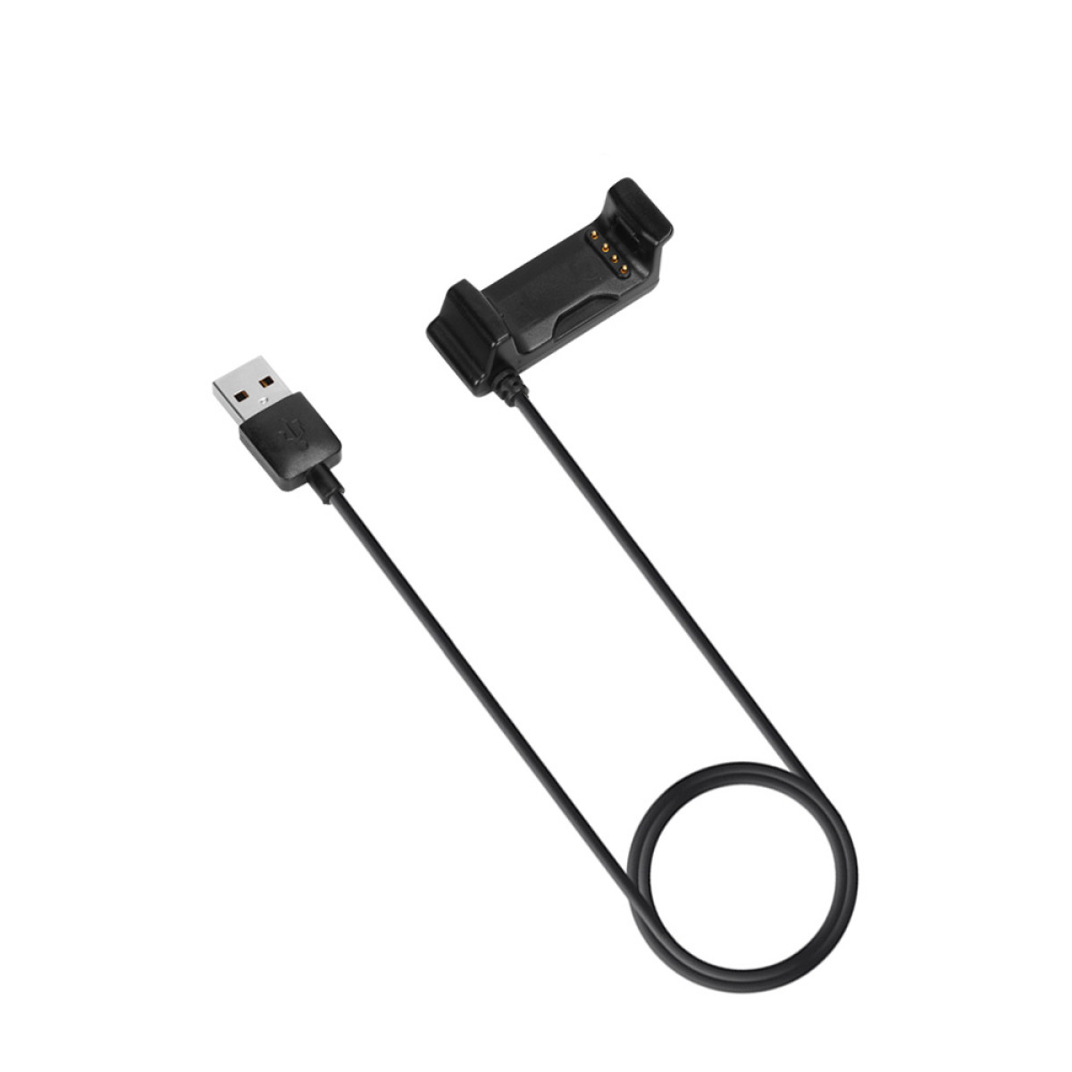 Ein schwarzes Ladekabel mit USB-Anschluss und Ladestation für ein Gerät auf weißem Hintergrund.