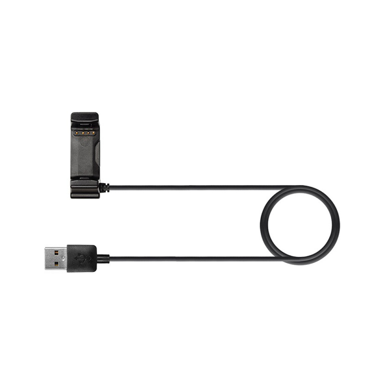 Ein schwarzes Ladekabel mit USB-Anschluss und Ladestation für ein Gerät auf weißem Hintergrund.