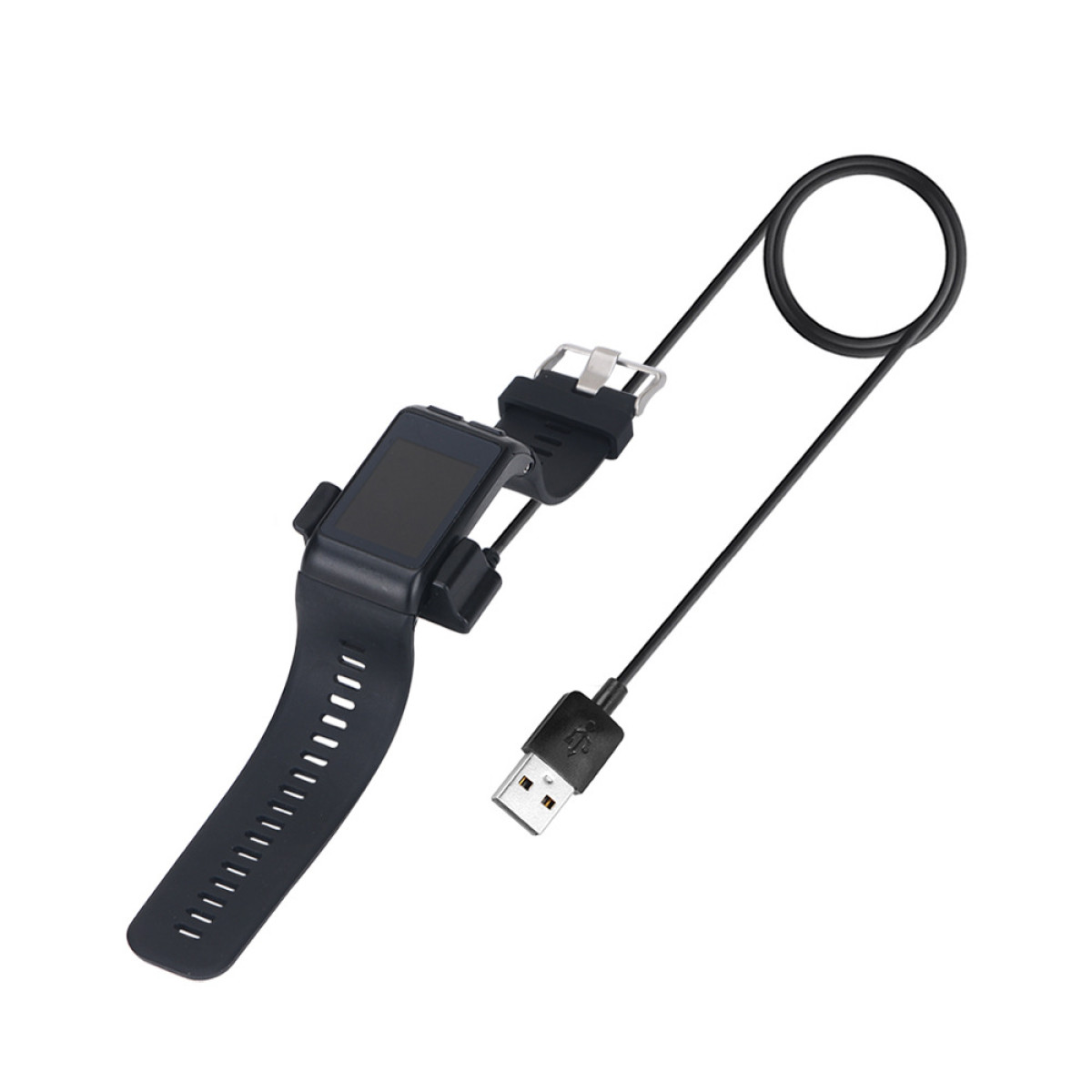Eine Smartwatch mit schwarzem Armband, verbunden mit einem Ladekabel. Das Kabel hat einen USB-Anschluss.