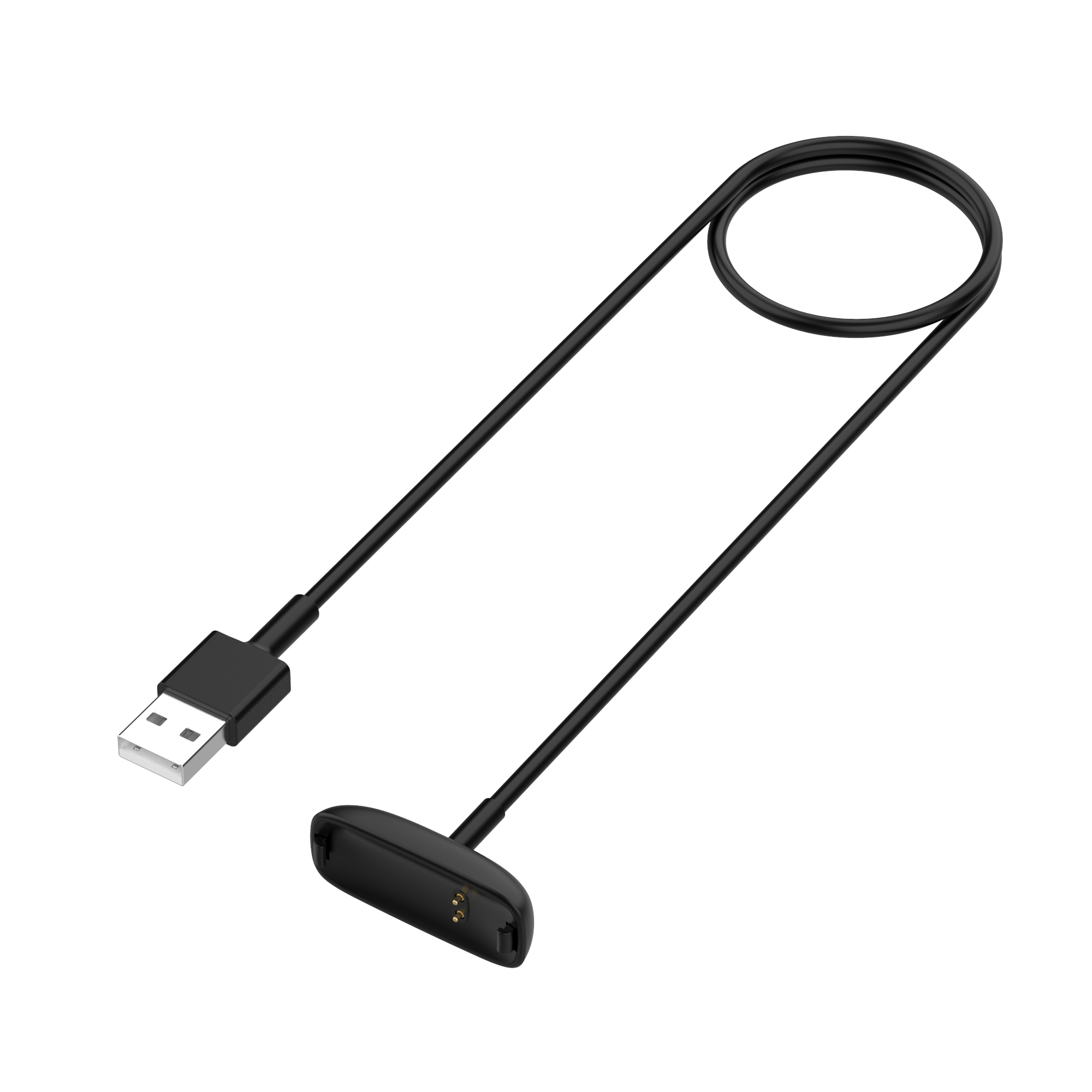 Schwarzes Ladekabel mit USB- und Magnetanschluss auf weißem Hintergrund.