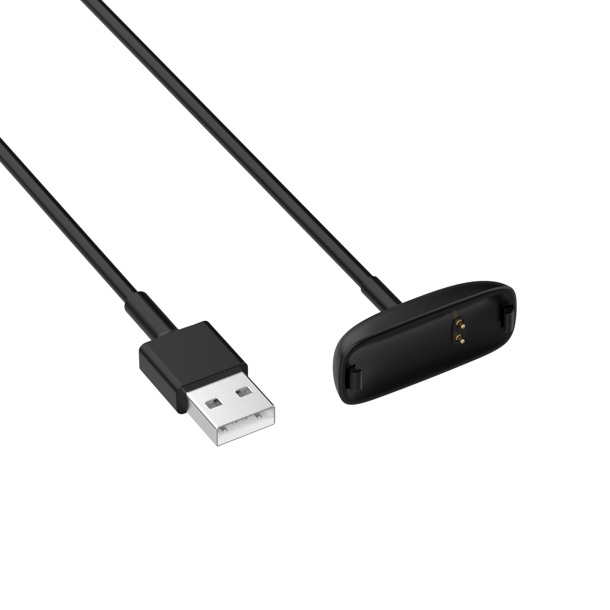 Schwarzes Ladekabel mit USB- und Magnetanschluss auf weißem Hintergrund.