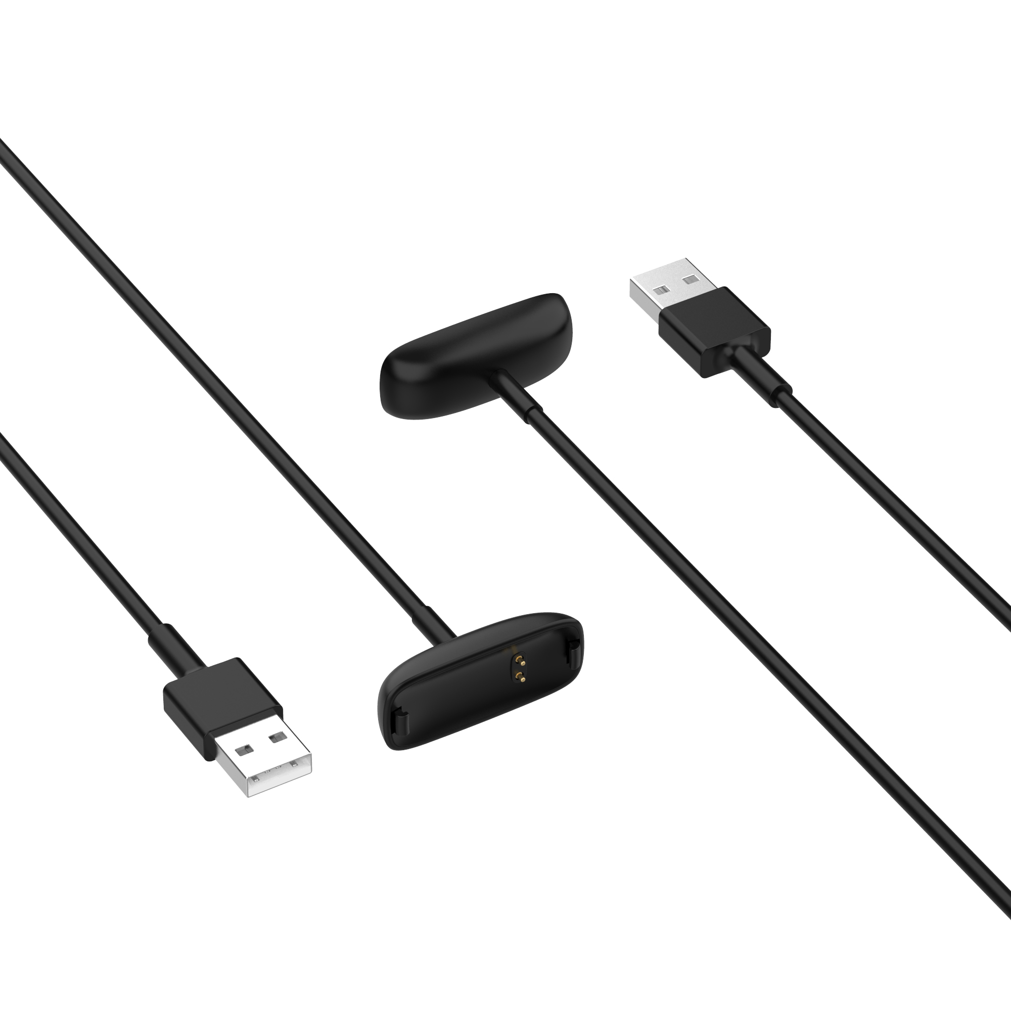 Schwarze Ladekabel mit USB- und Magnetanschlüssen auf weißem Hintergrund.
