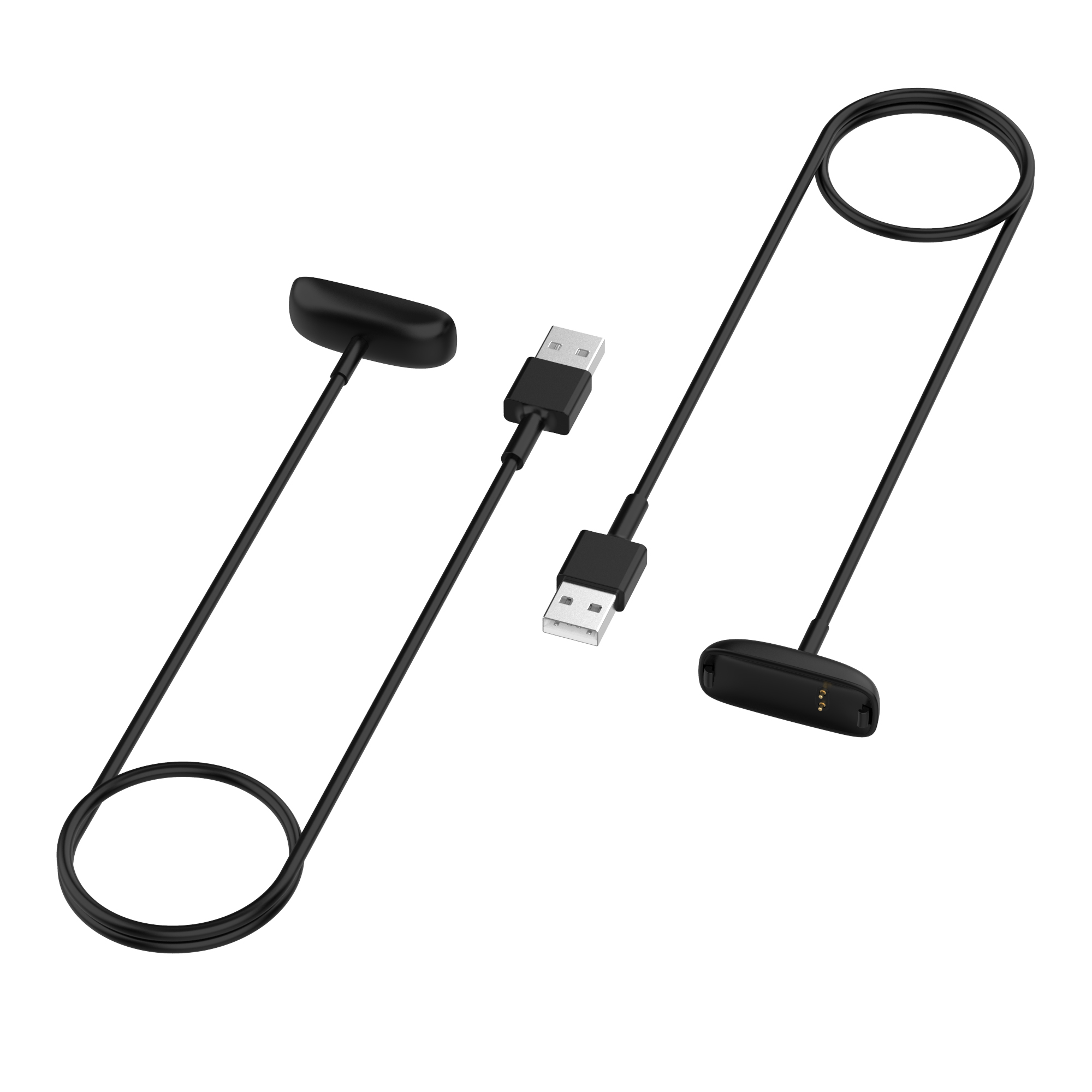 Schwarze Ladekabel für eine Smartwatch. Zwei haben kreisförmige Enden, eines hat einen USB-Anschluss.