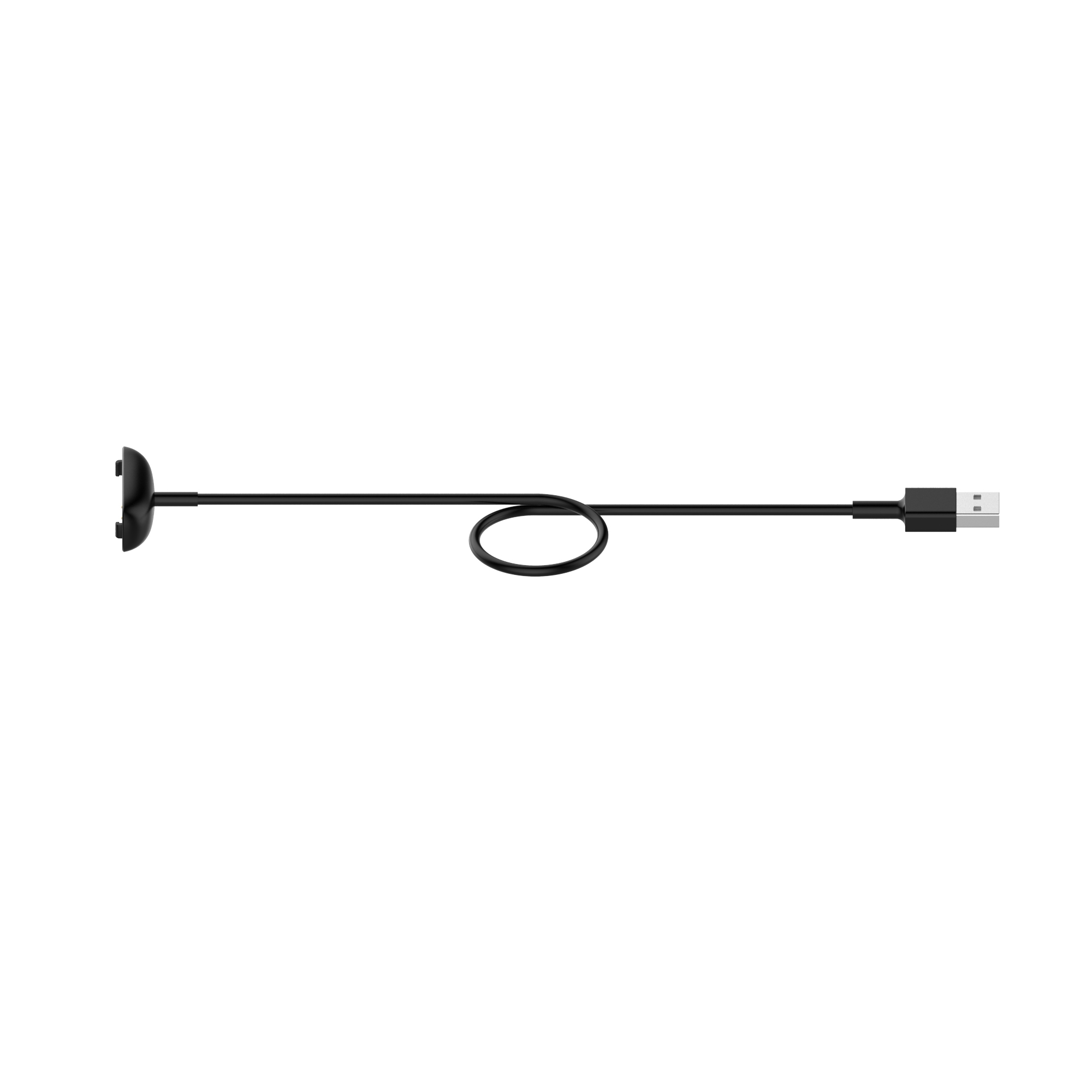 Schwarzes Ladekabel mit USB- und Magnetanschluss auf weißem Hintergrund.
