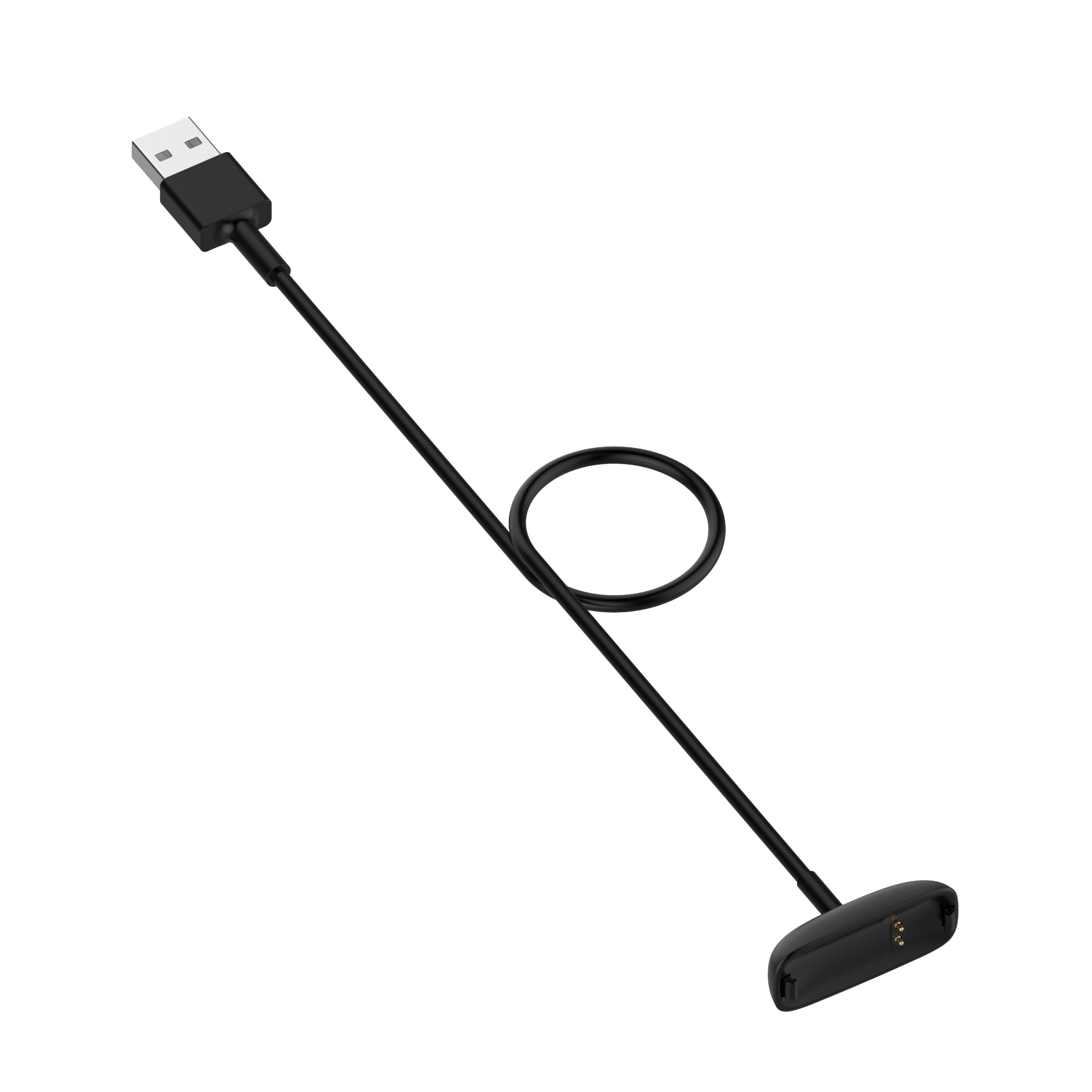 Schwarzes Ladekabel mit USB- und Magnetanschluss auf weißem Hintergrund.