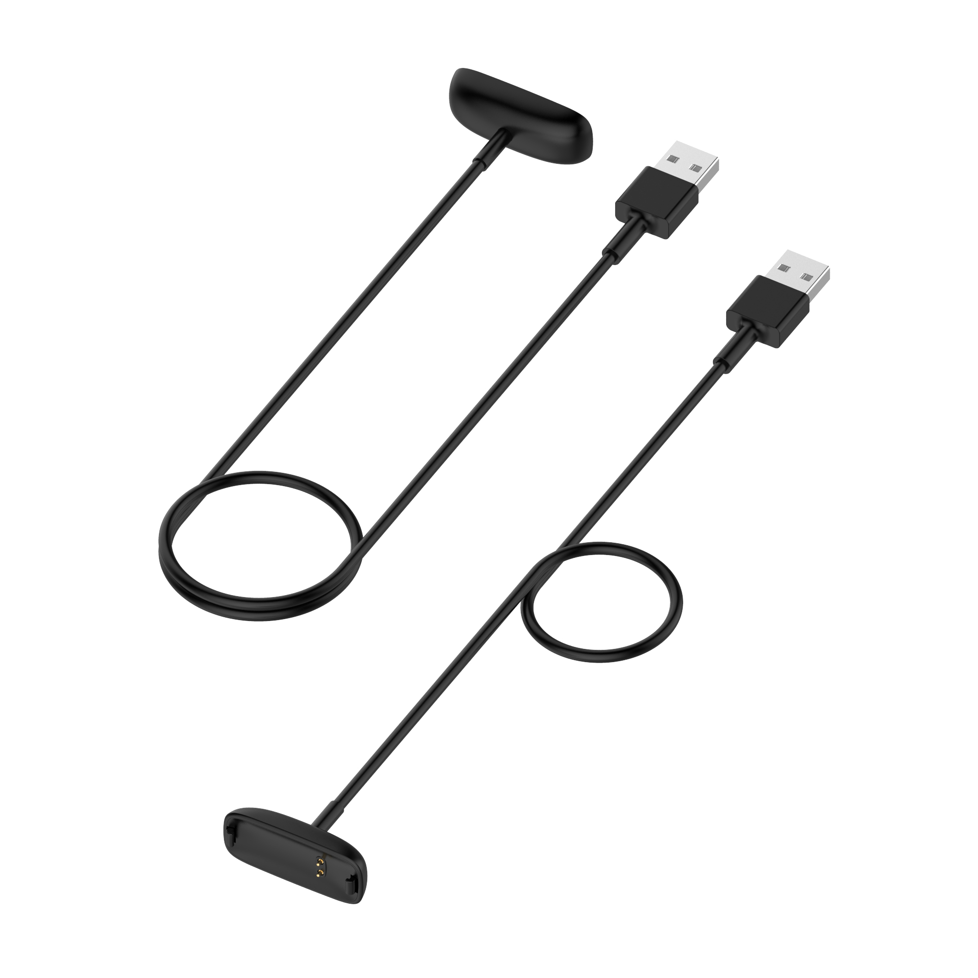 Schwarze Ladekabel mit USB- und Magnetanschlüssen auf weißem Hintergrund.