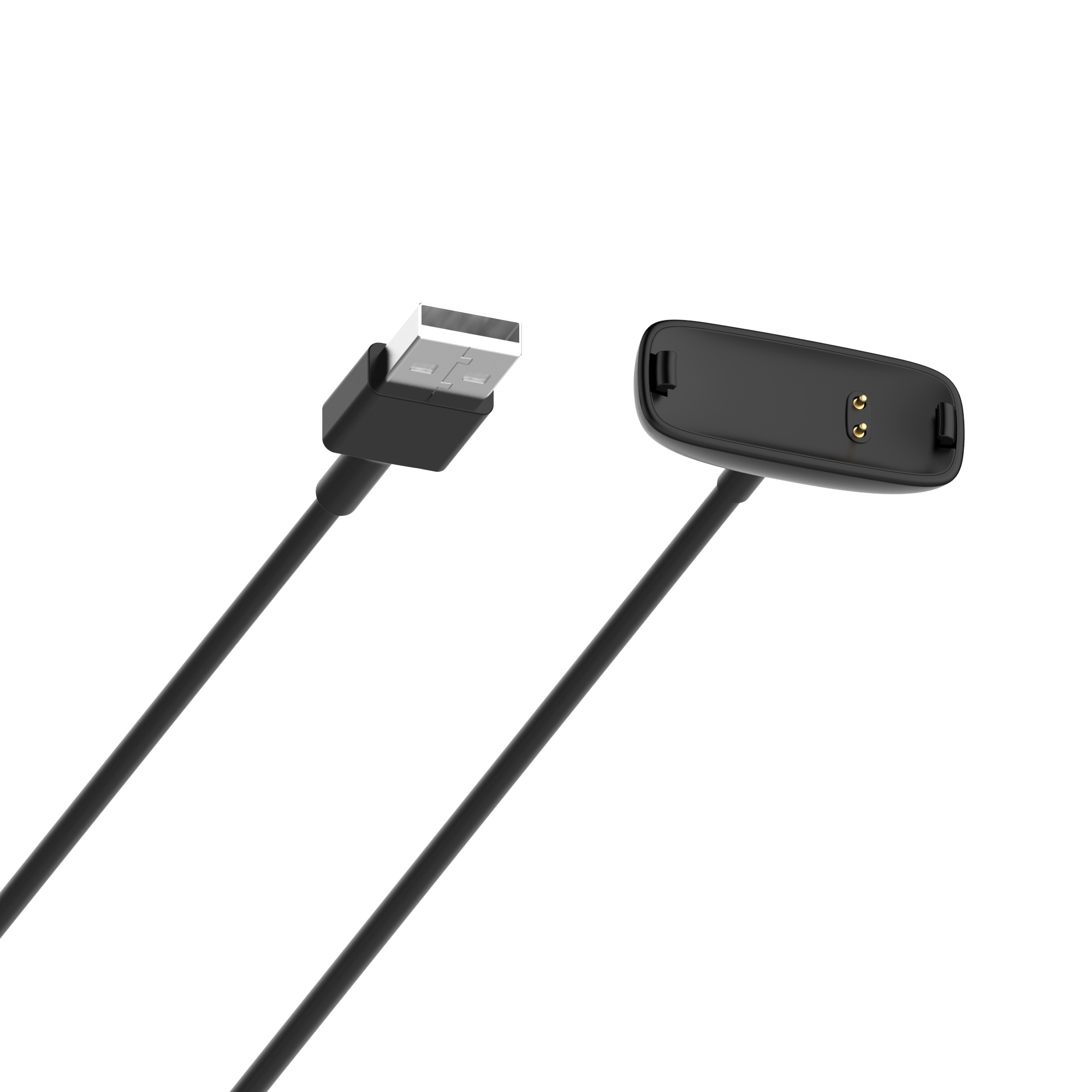 Schwarzes USB-Kabel mit USB-A-Anschluss an einem Ende und Ladestation am anderen.