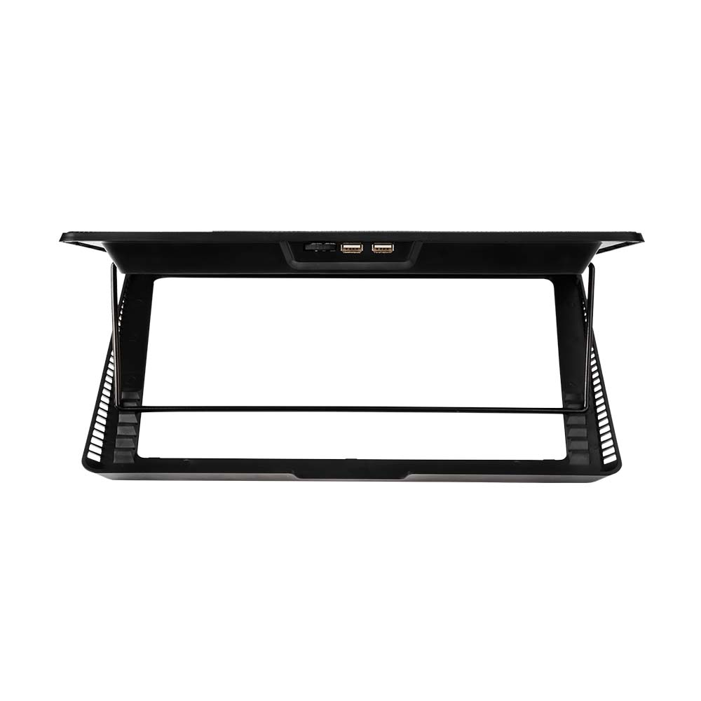 Czarna podkładka chłodząca pod laptopa z portami USB i metalowym wspornikiem na białym tle.